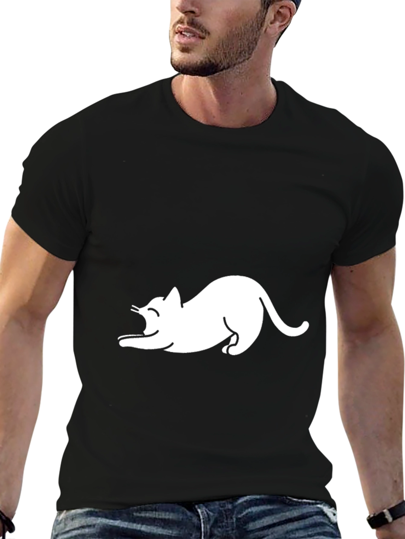 Black T-Shirt with White Cat Graphic