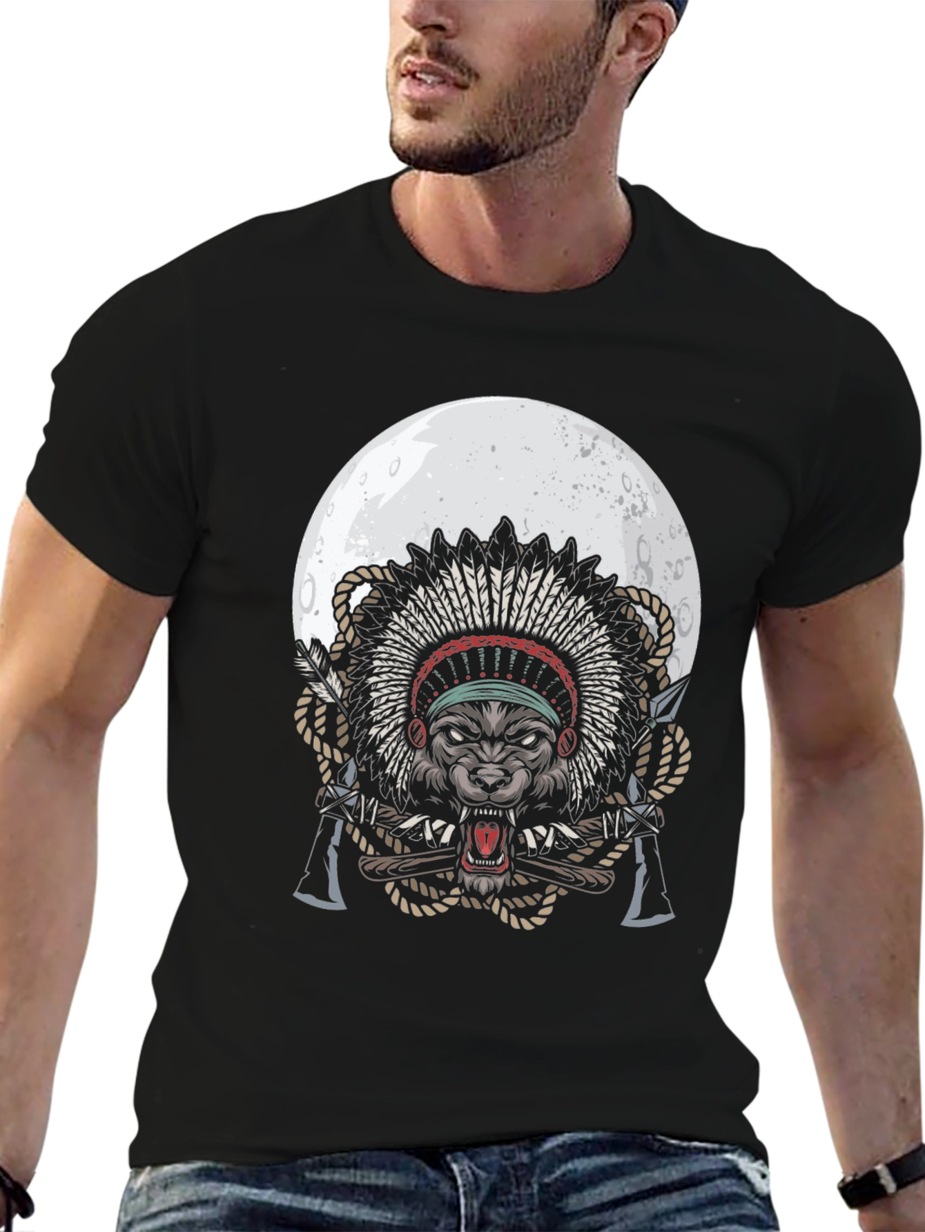 Wolf Chief T-Shirt - Native American Style Moon Design