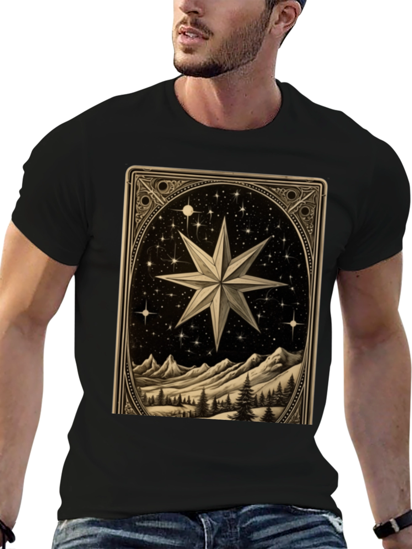 Celestial Star Mountain Scene Graphic Tee