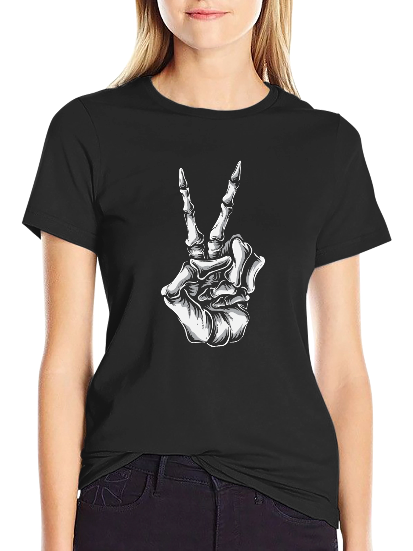 Skeleton Hand Peace Sign Black Graphic T-Shirt