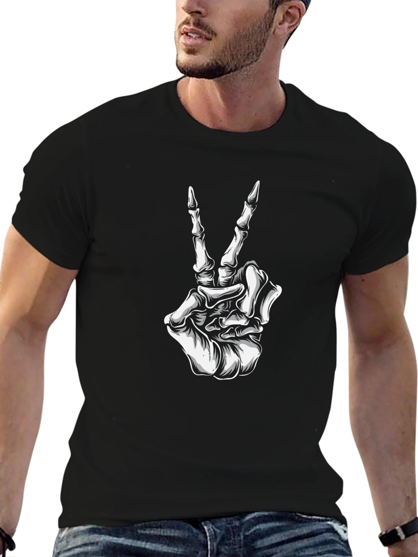 Skeleton Hand Peace Sign Black Graphic T-Shirt