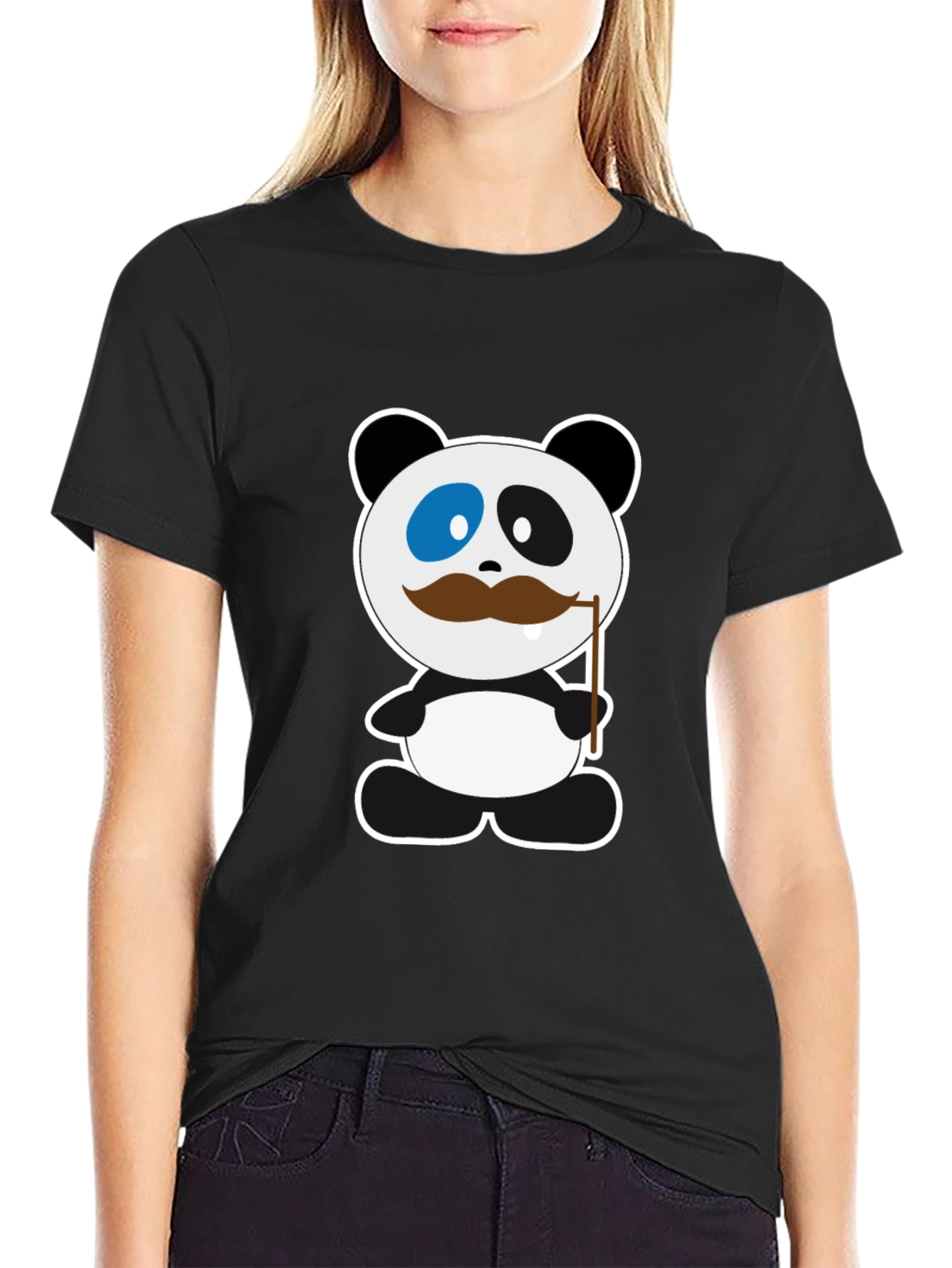 Funny Panda Mustache Black T-Shirt