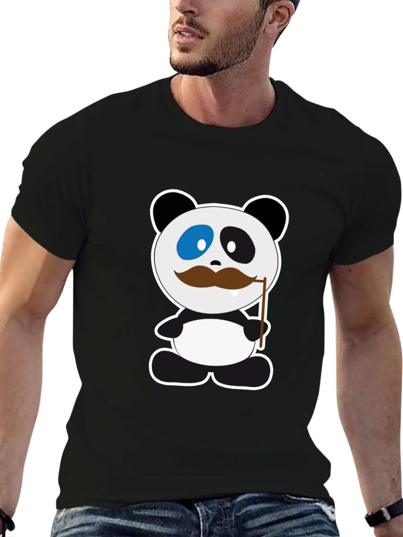 Funny Panda Mustache Black T-Shirt