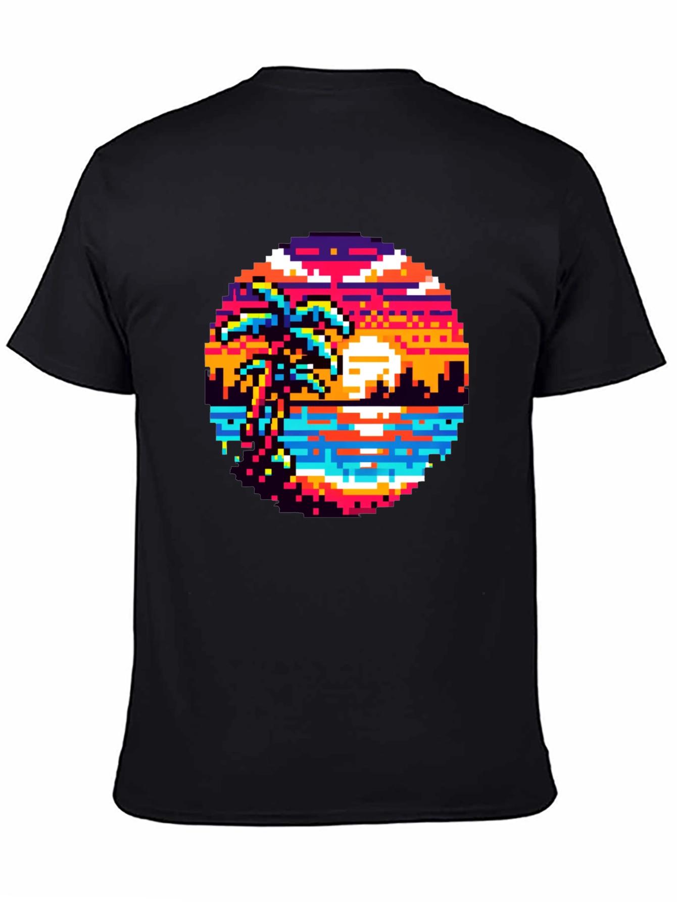 Retro Pixel Art Sunset T-Shirt - Palm Tree Design