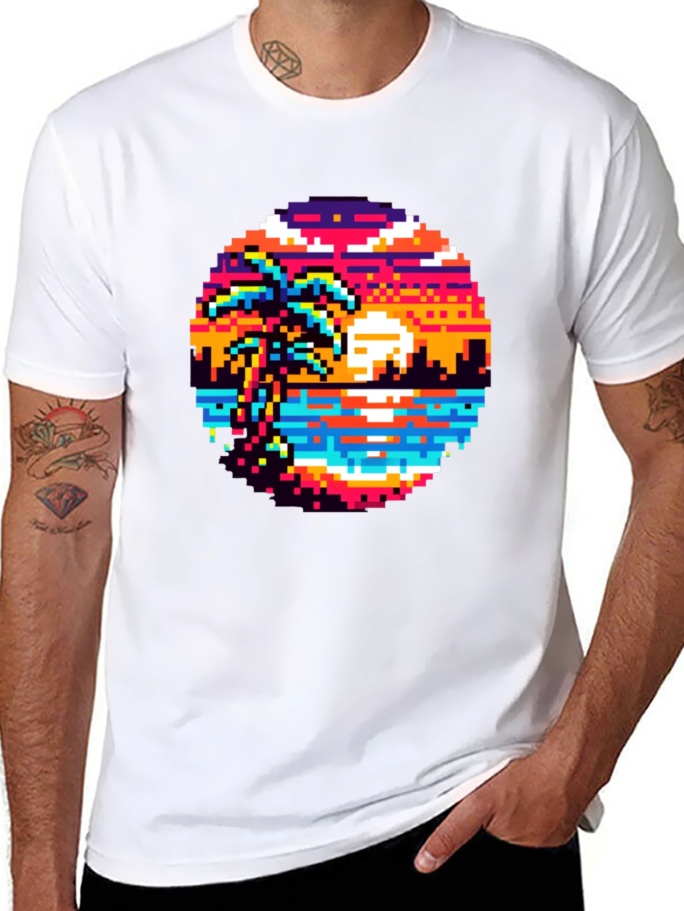 Retro Pixel Art Sunset T-Shirt - Palm Tree Design