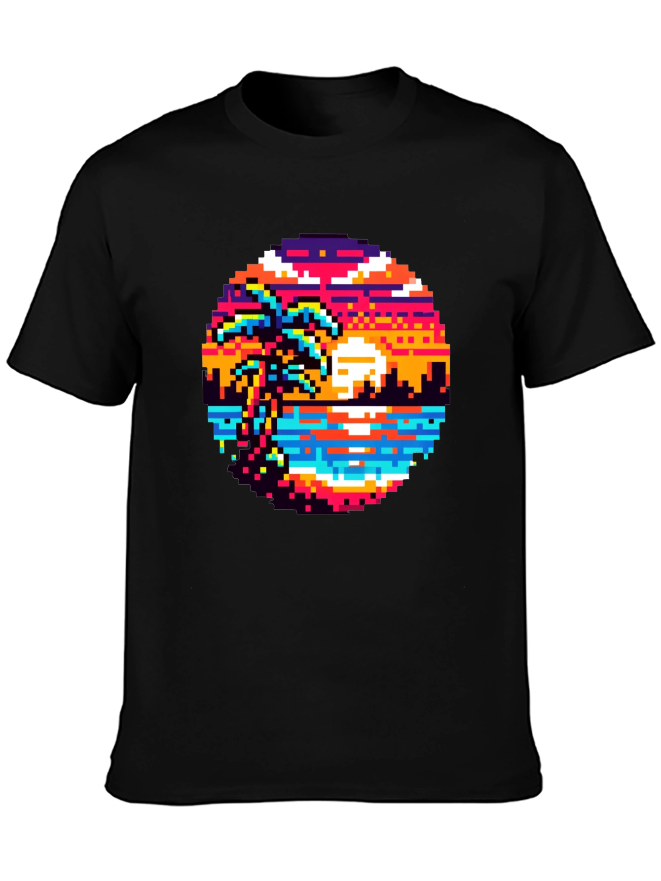 Retro Pixel Art Sunset T-Shirt - Palm Tree Design
