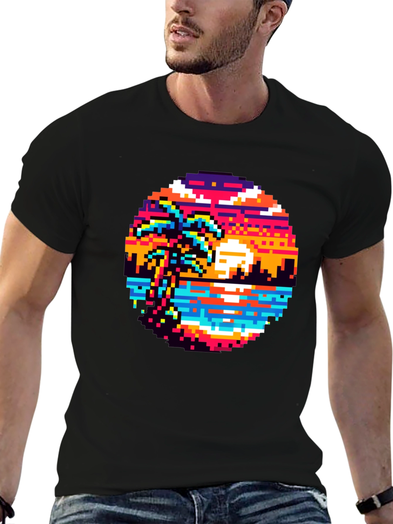 Retro Pixel Art Sunset T-Shirt - Palm Tree Design
