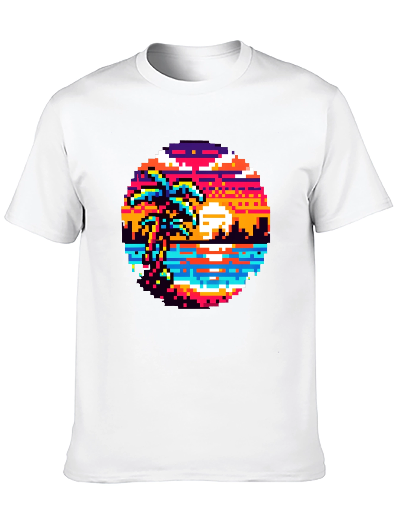 Retro Pixel Art Sunset T-Shirt - Palm Tree Design