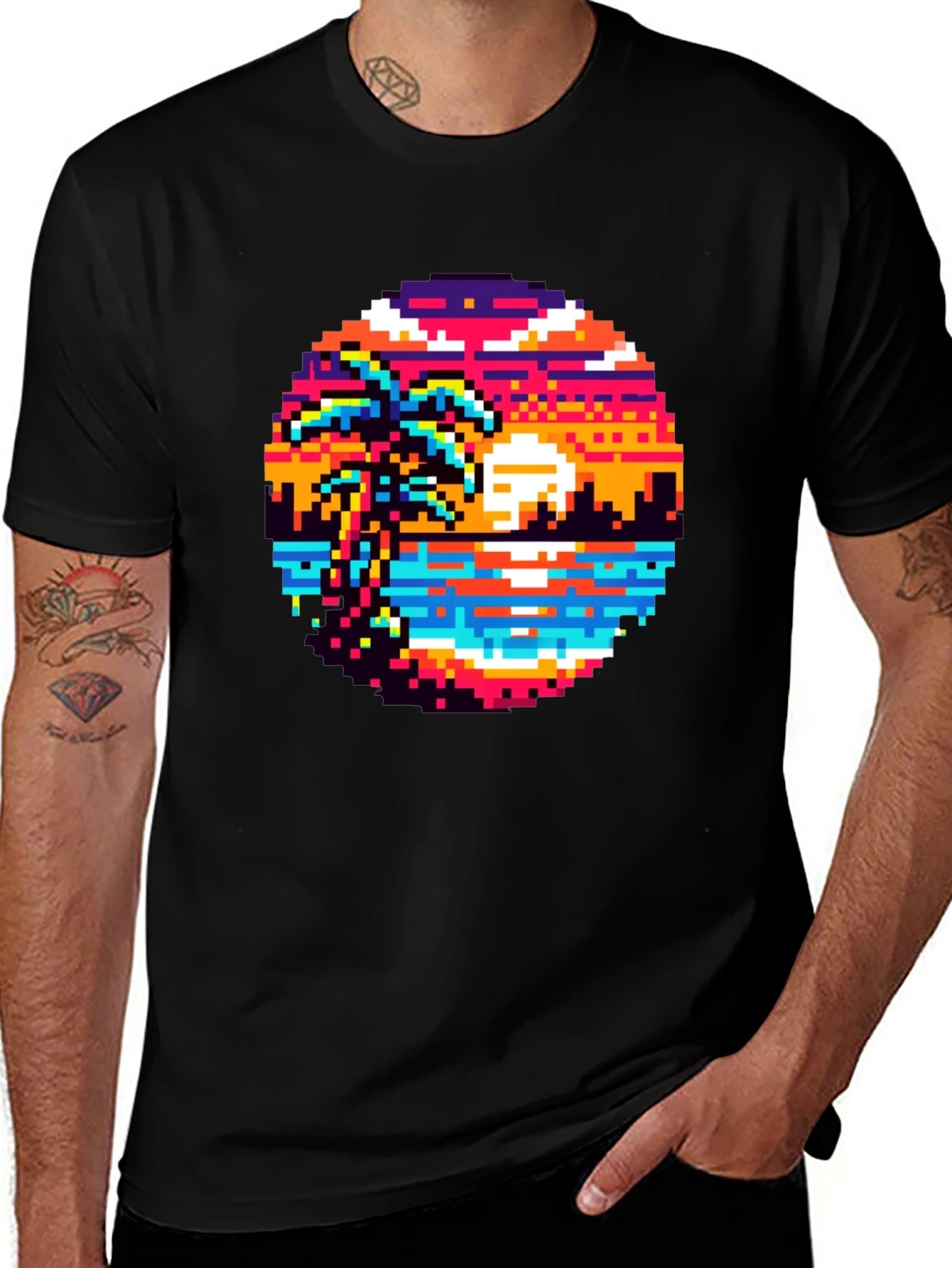 Retro Pixel Art Sunset T-Shirt - Palm Tree Design