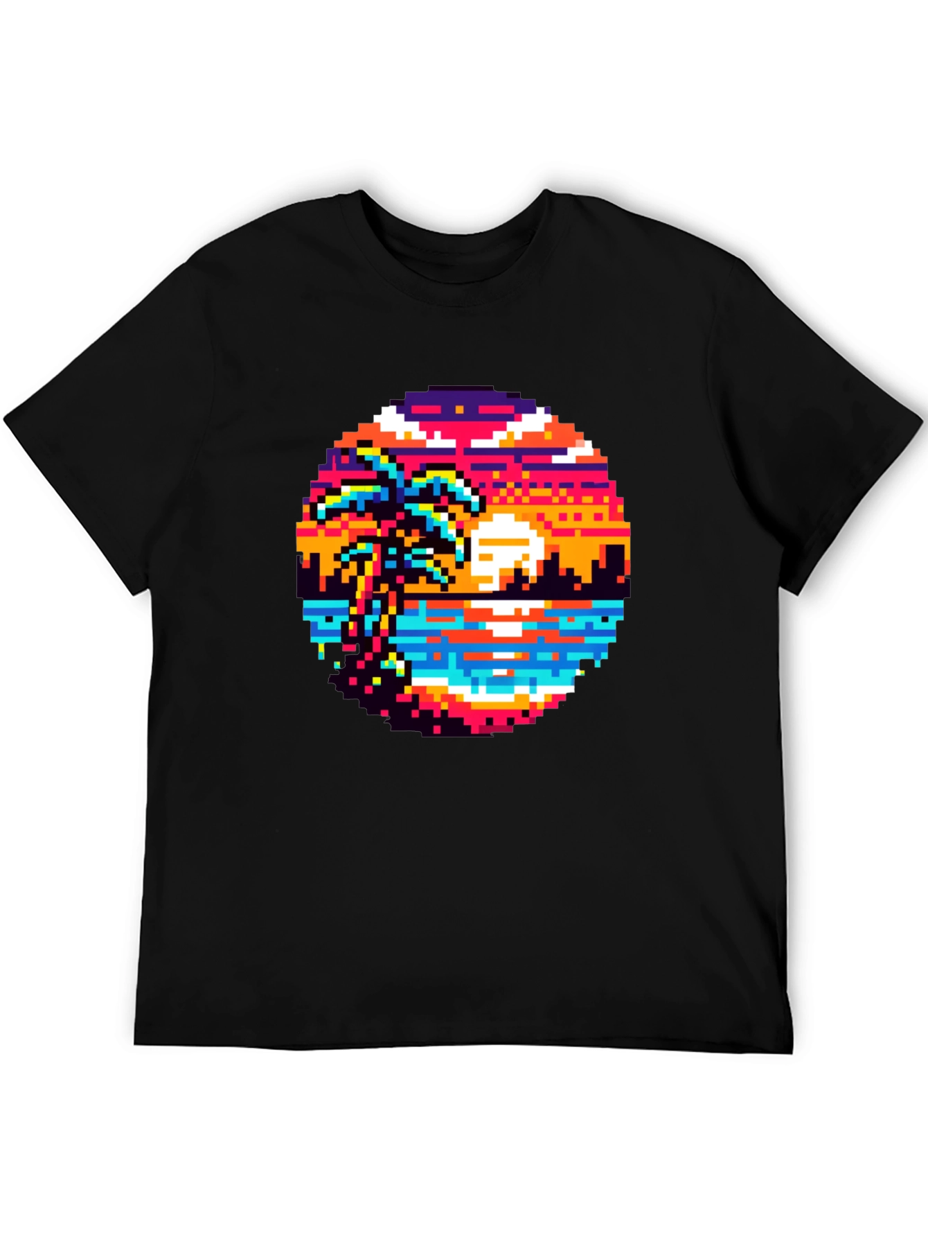 Retro Pixel Art Sunset T-Shirt - Palm Tree Design