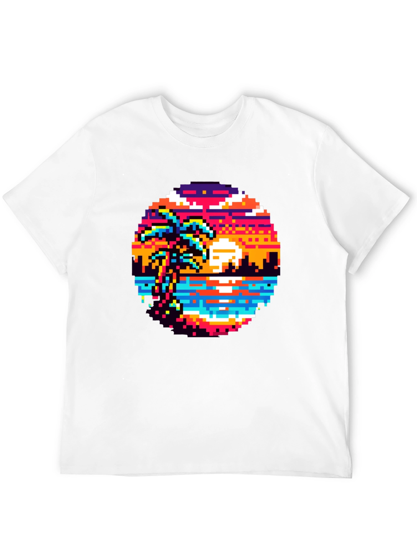 Retro Pixel Art Sunset T-Shirt - Palm Tree Design