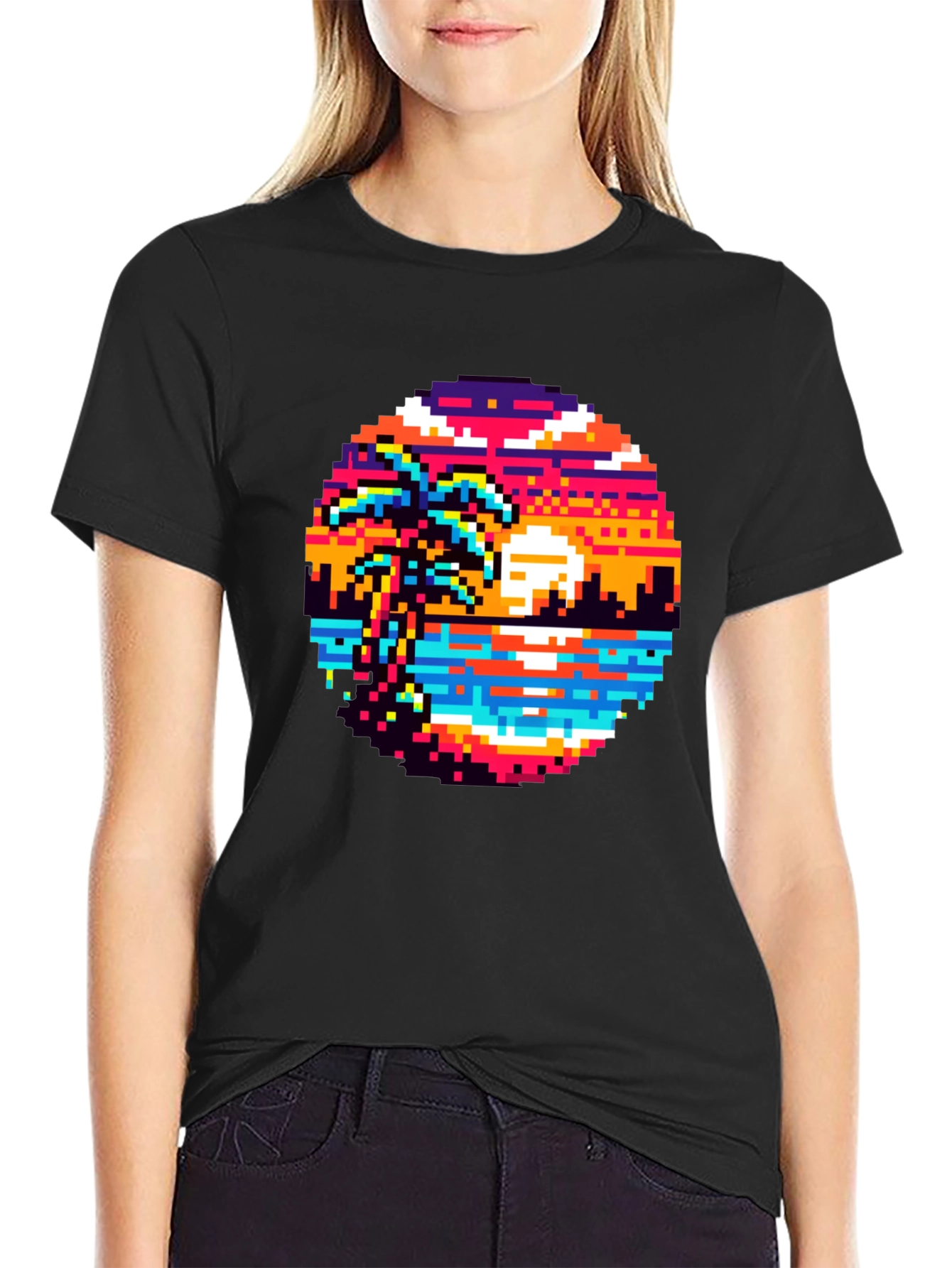 Retro Pixel Art Sunset T-Shirt - Palm Tree Design