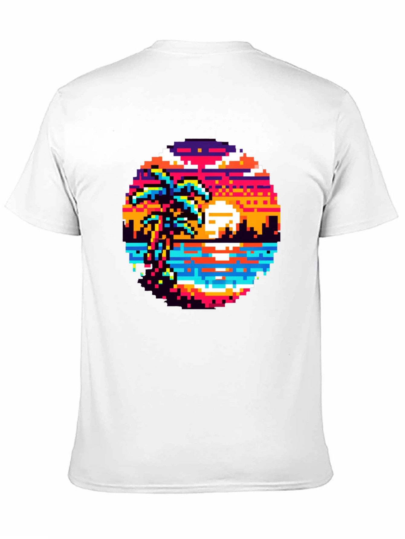 Retro Pixel Art Sunset T-Shirt - Palm Tree Design