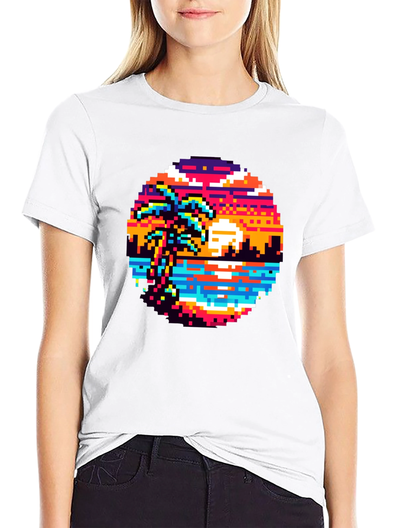 Retro Pixel Art Sunset T-Shirt - Palm Tree Design