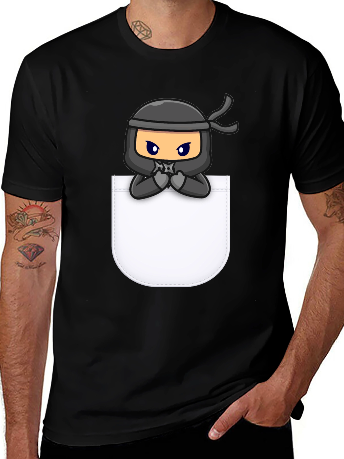 Ninja in Pocket Graphic Tee - Cool Cartoon T-Shirt