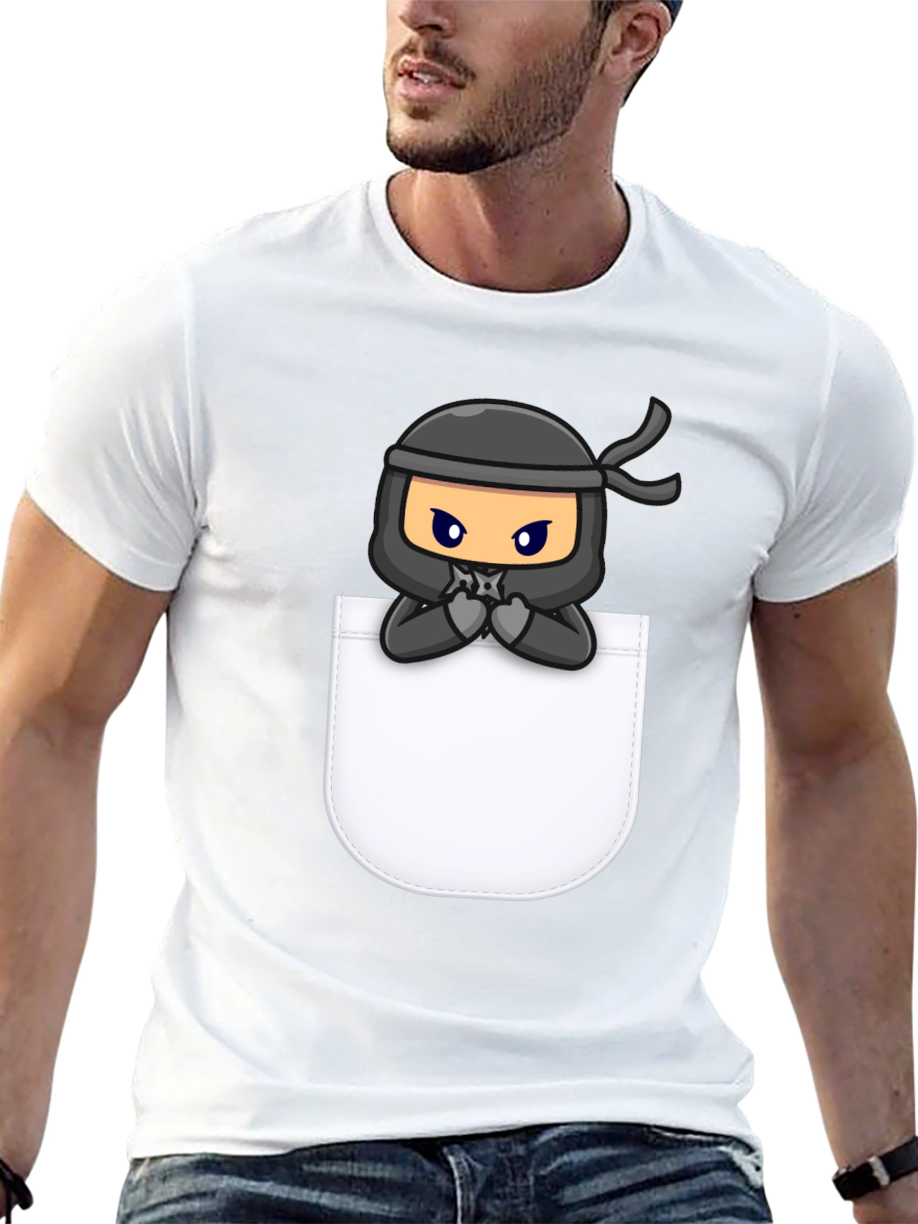 Ninja in Pocket Graphic Tee - Cool Cartoon T-Shirt