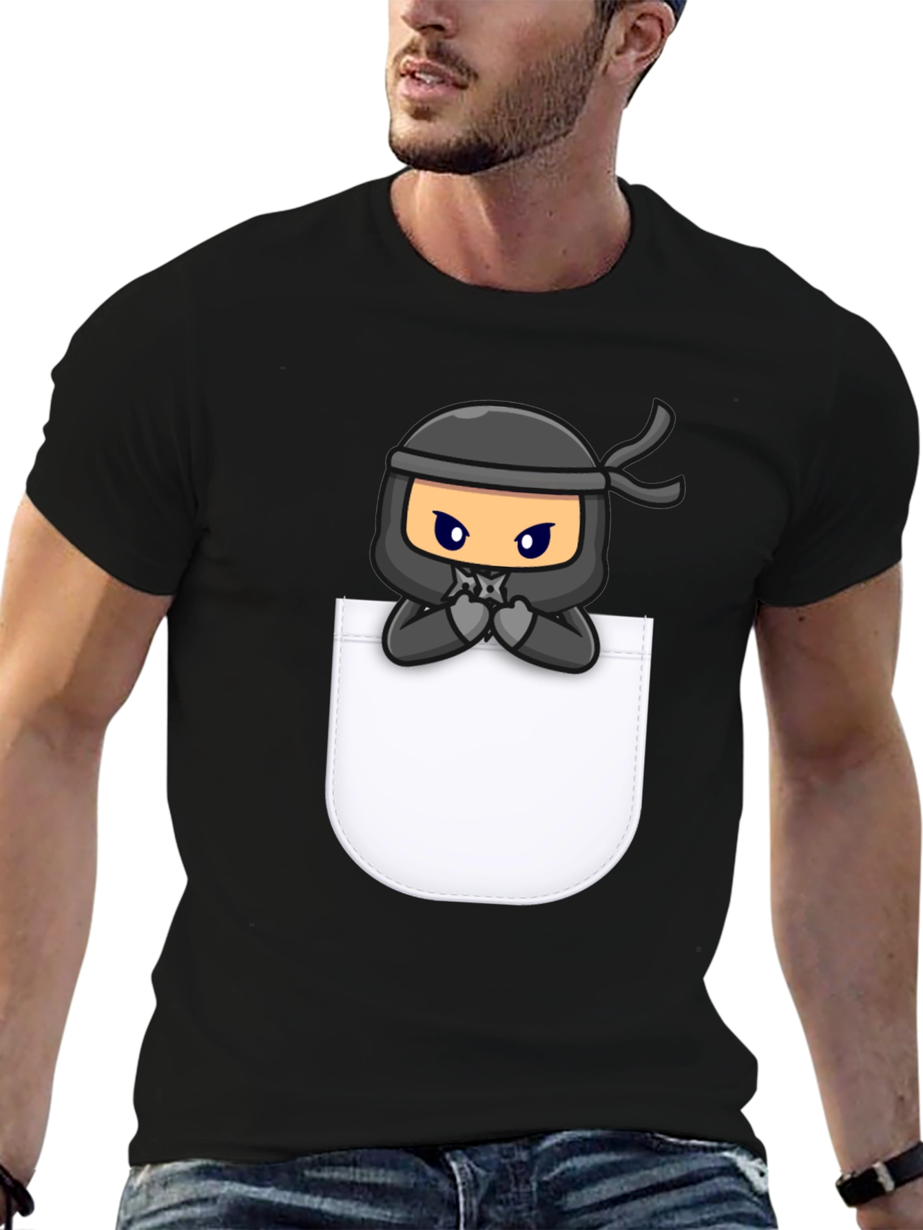 Ninja in Pocket Graphic Tee - Cool Cartoon T-Shirt