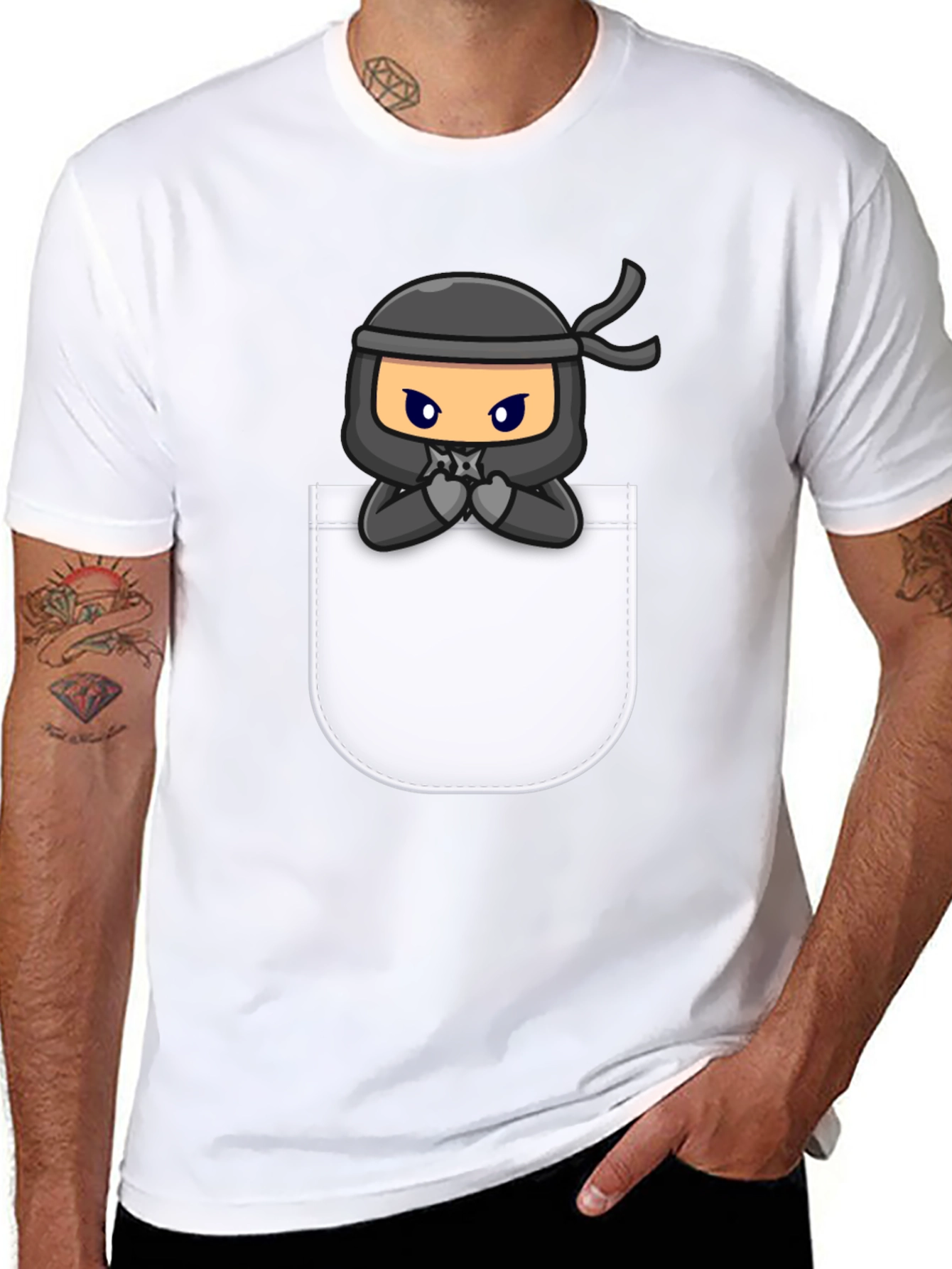 Ninja in Pocket Graphic Tee - Cool Cartoon T-Shirt
