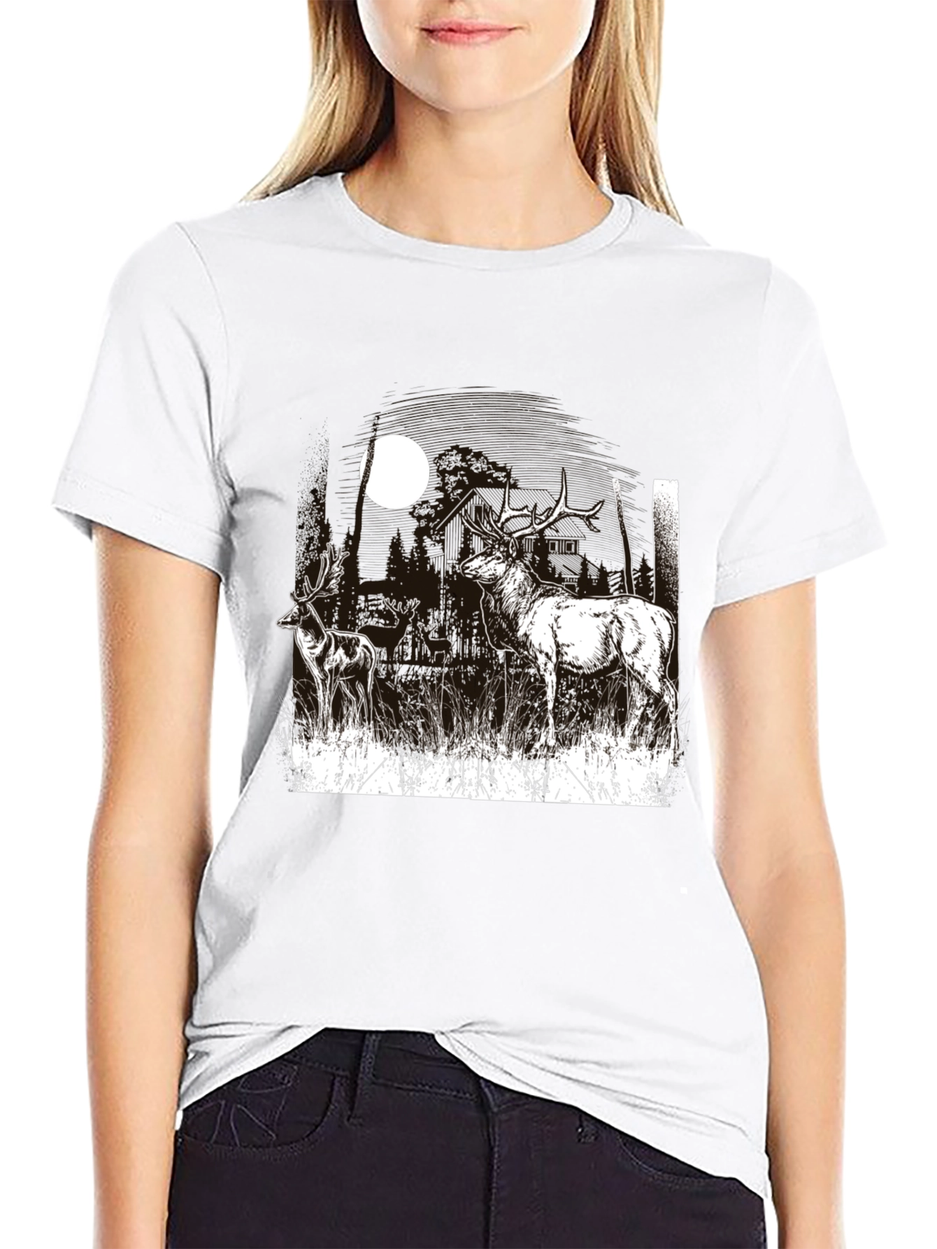 Deer Moon Graphic T-Shirt - Black