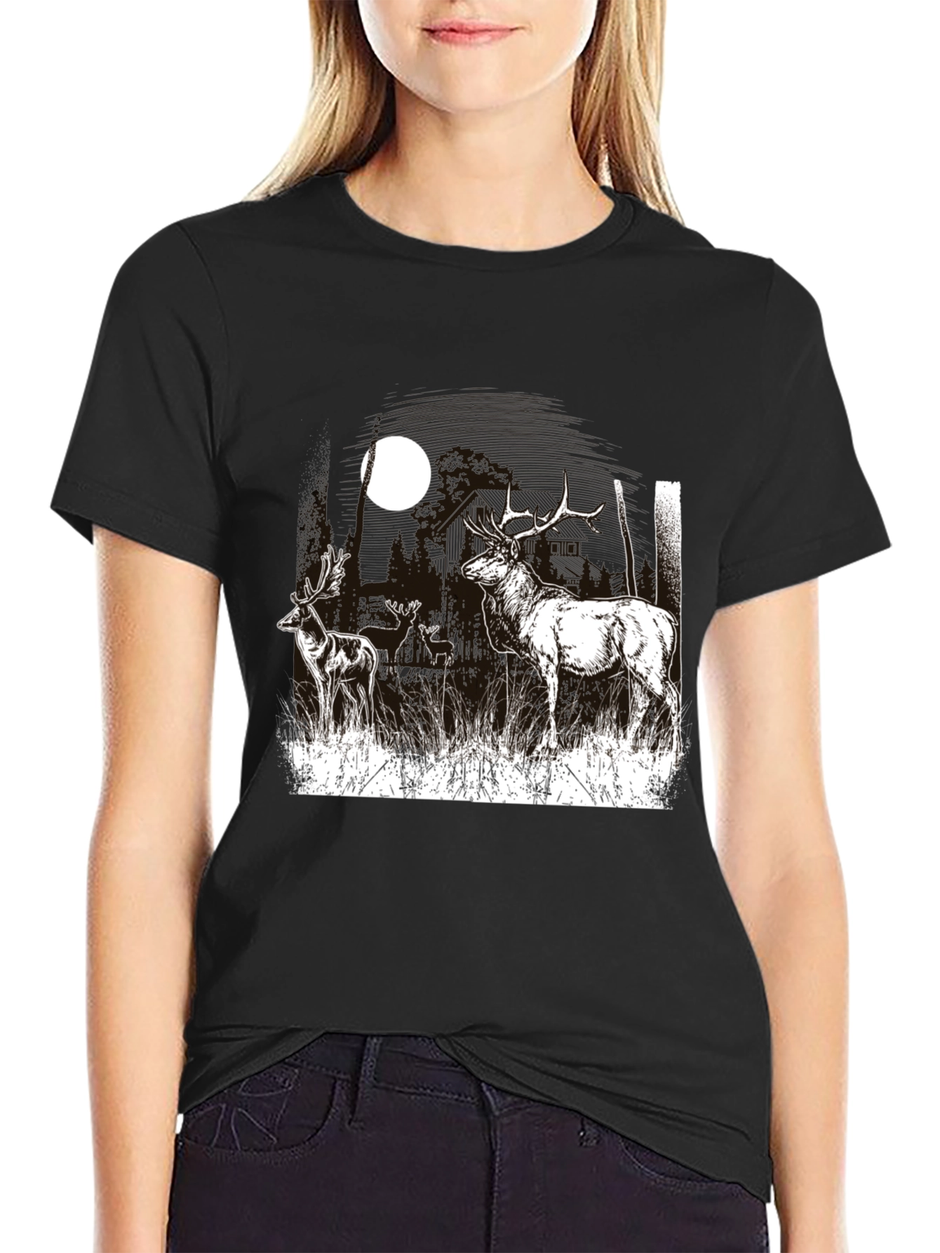 Deer Moon Graphic T-Shirt - Black