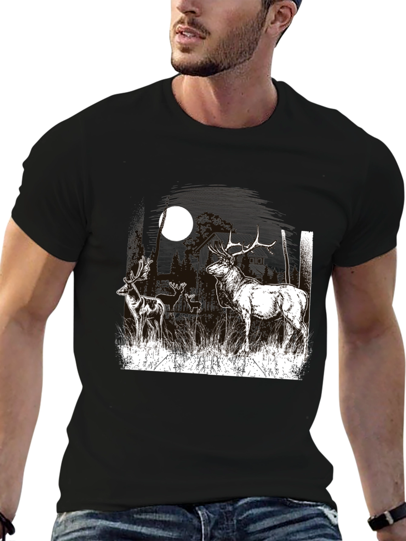 Deer Moon Graphic T-Shirt - Black