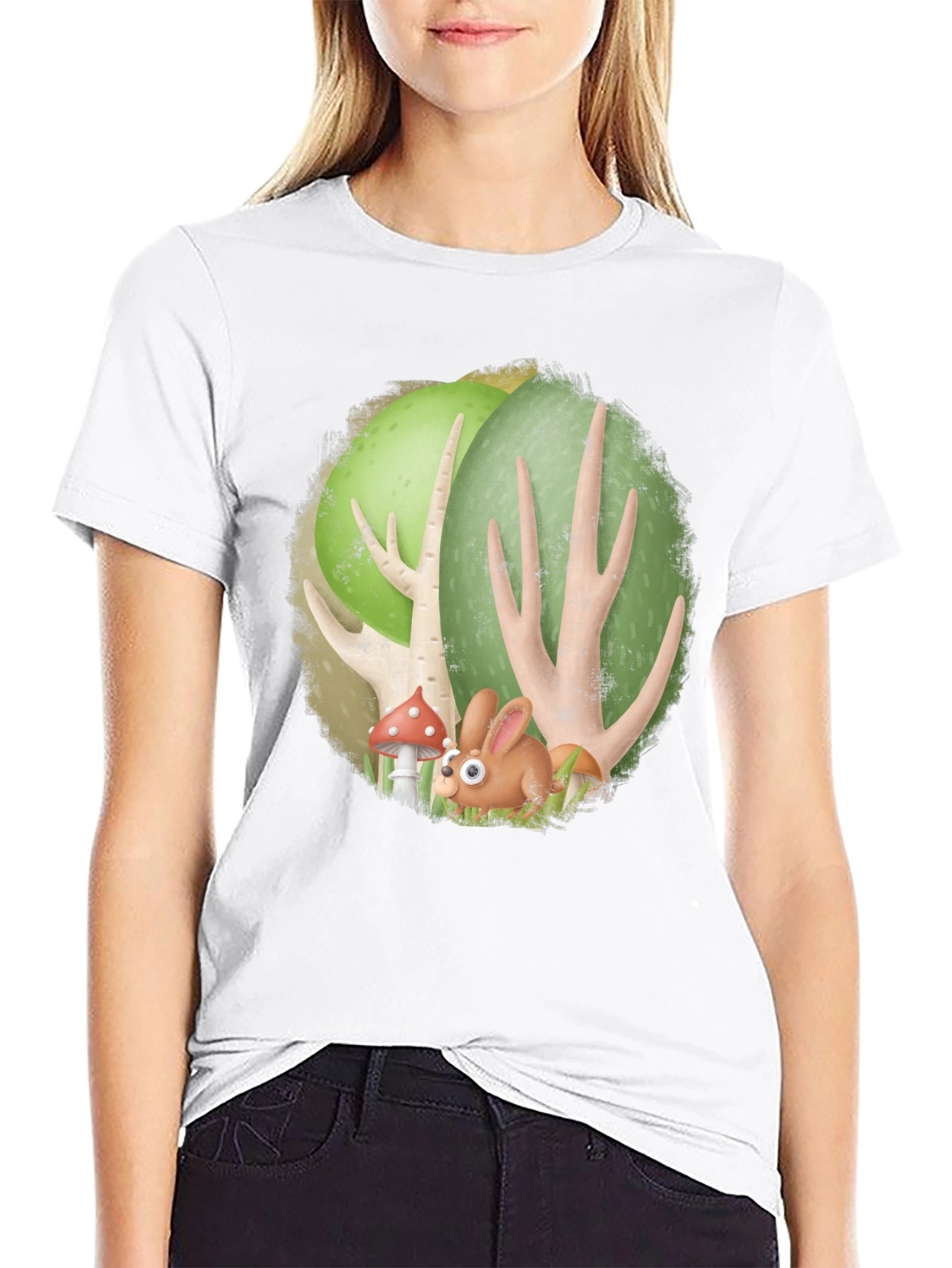 Cartoon Forest Bunny Black T-Shirt
