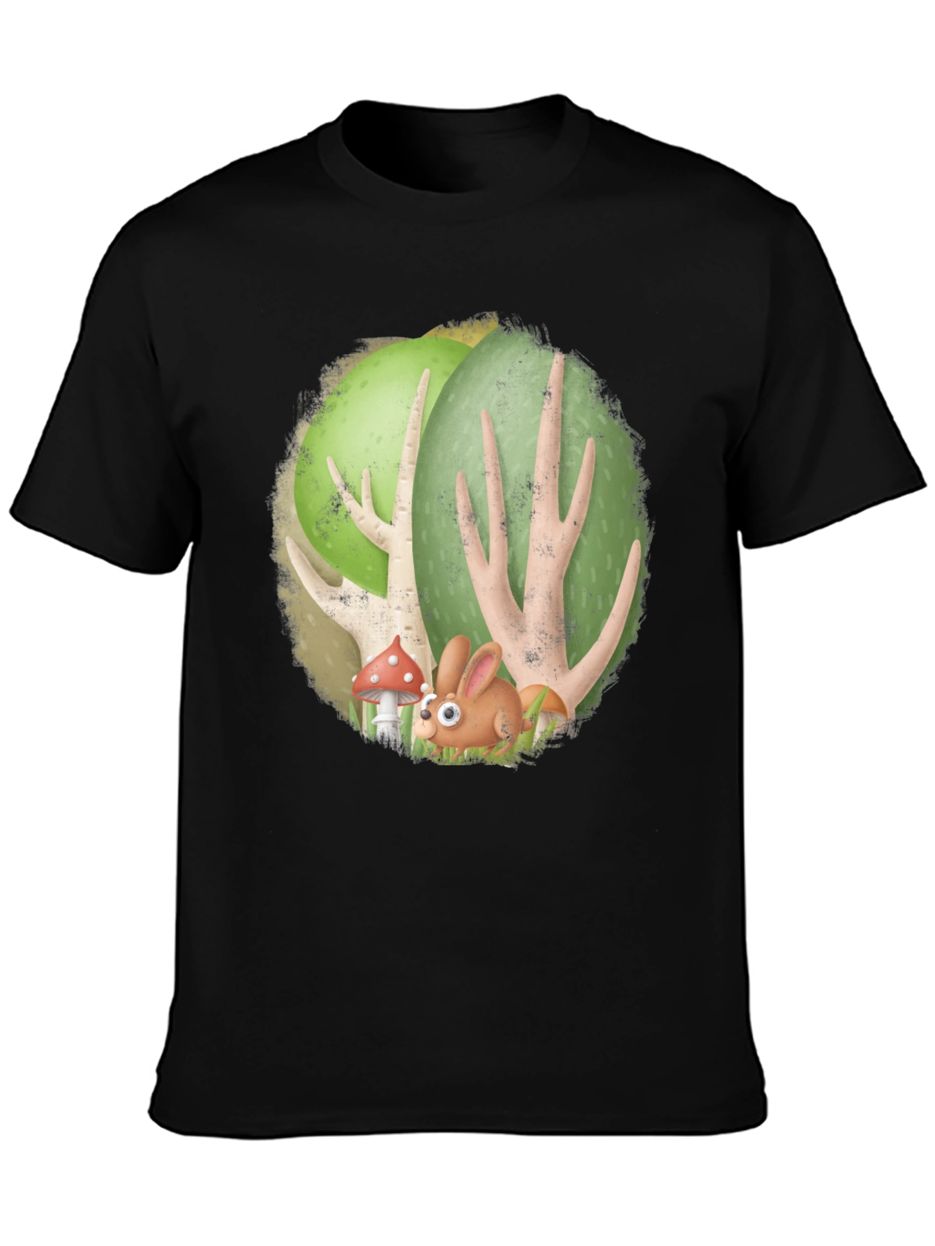 Cartoon Forest Bunny Black T-Shirt
