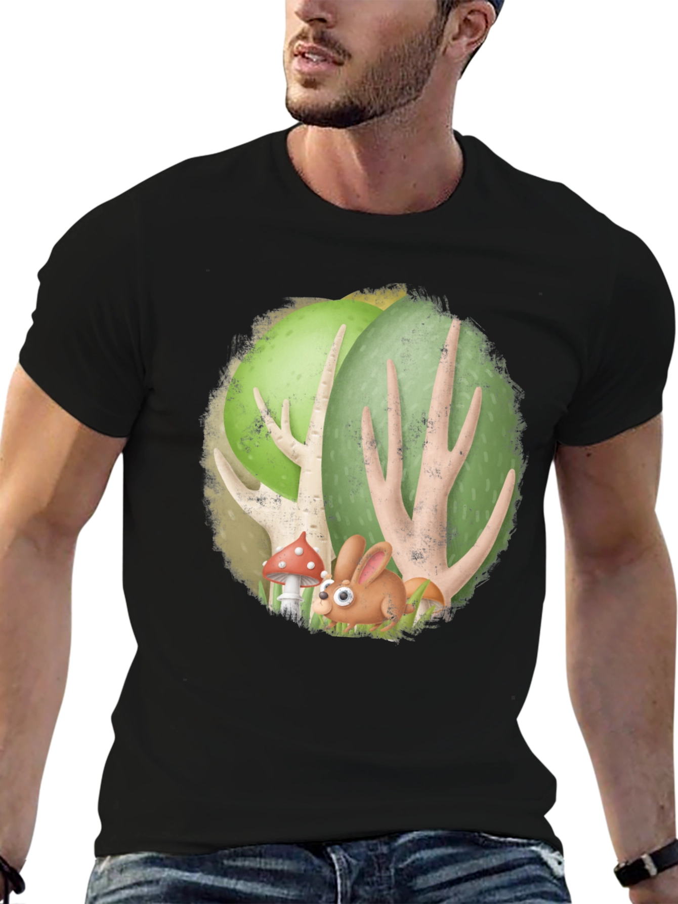 Cartoon Forest Bunny Black T-Shirt