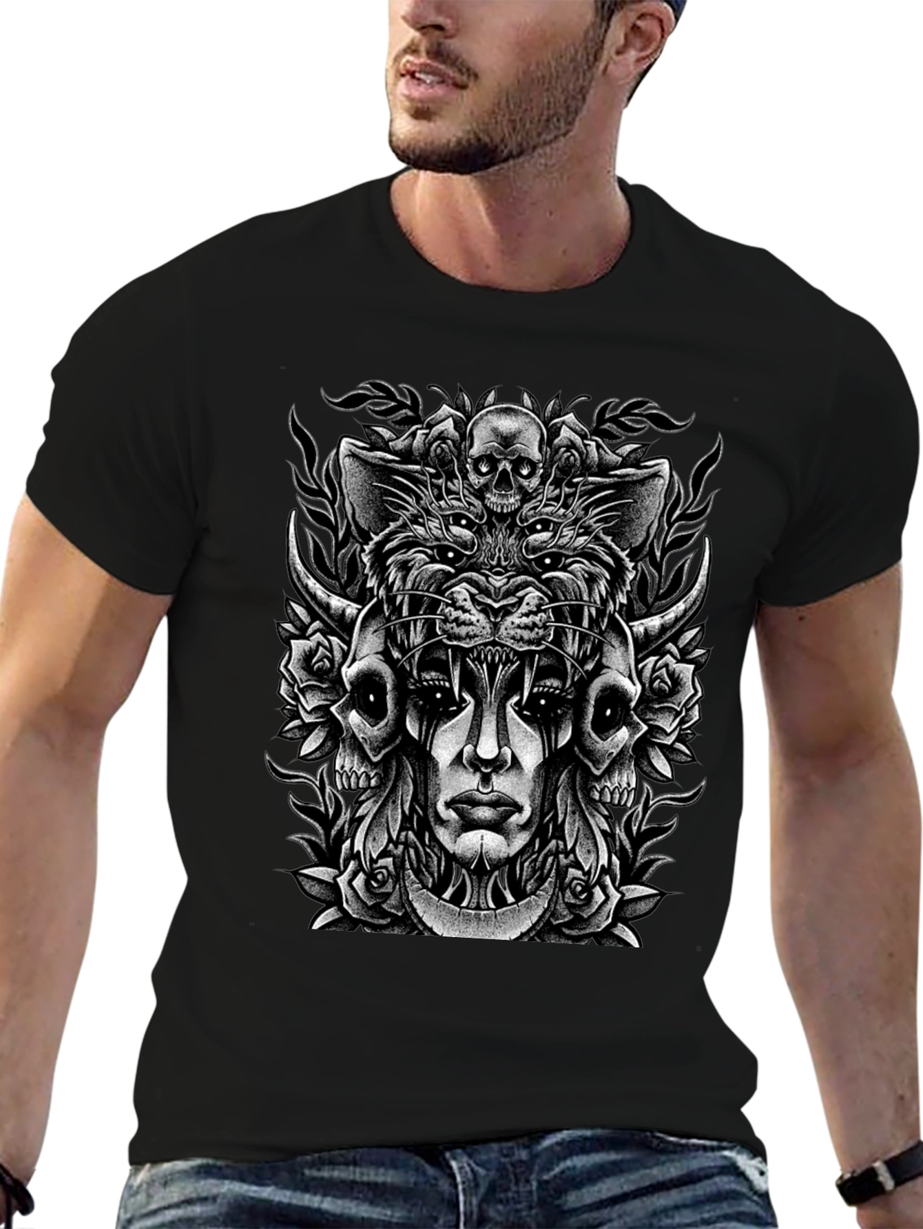 Skull & Roses Graphic Print T-Shirt