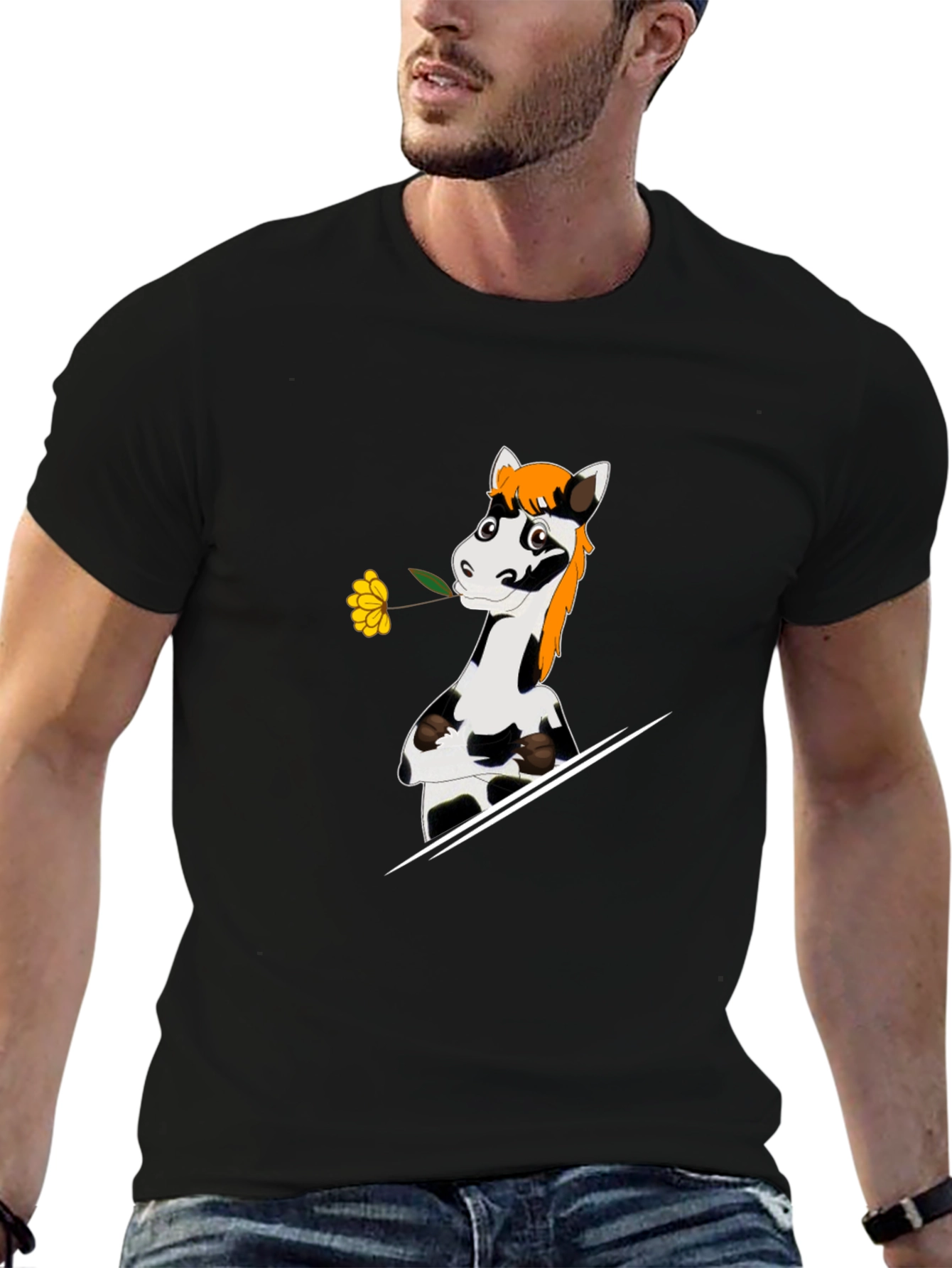 Cartoon Horse with Flower Graphic T-Shirt