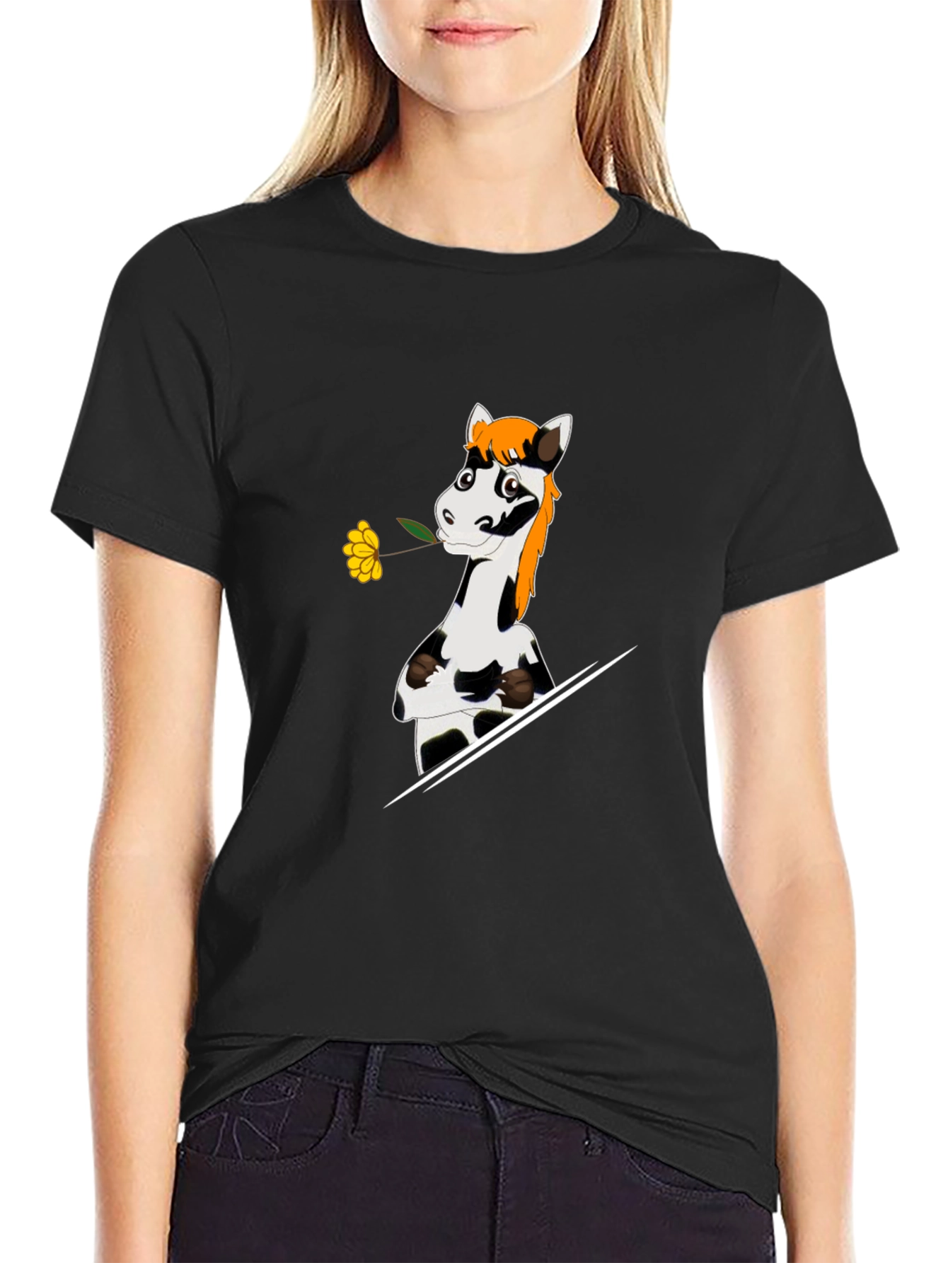 Cartoon Horse with Flower Graphic T-Shirt