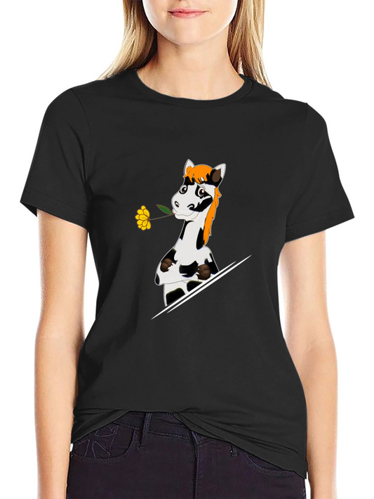 Cartoon Horse with Flower Graphic T-Shirt
