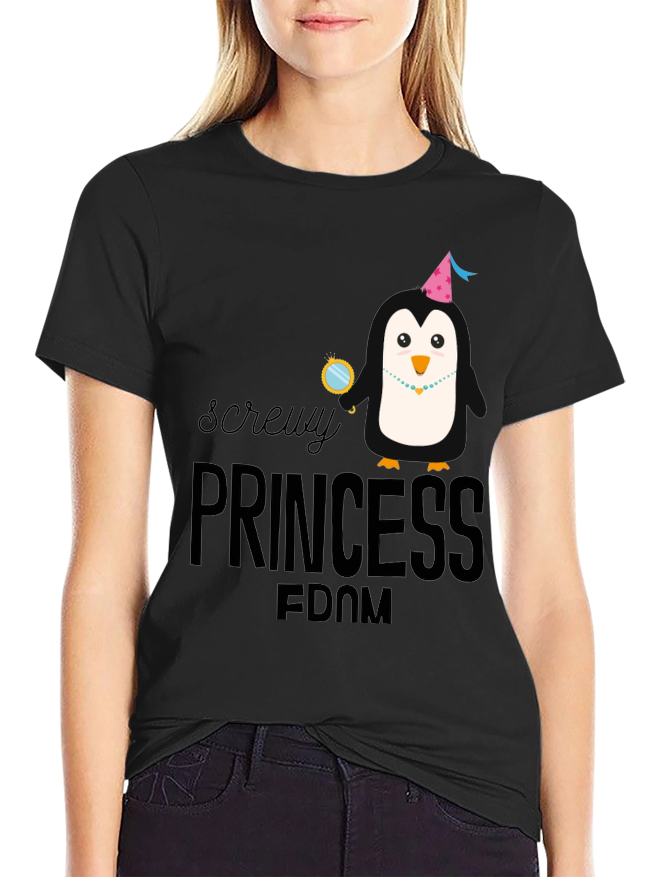 Screw Princessdom Penguin Graphic Tee - Unisex Black T-Shirt