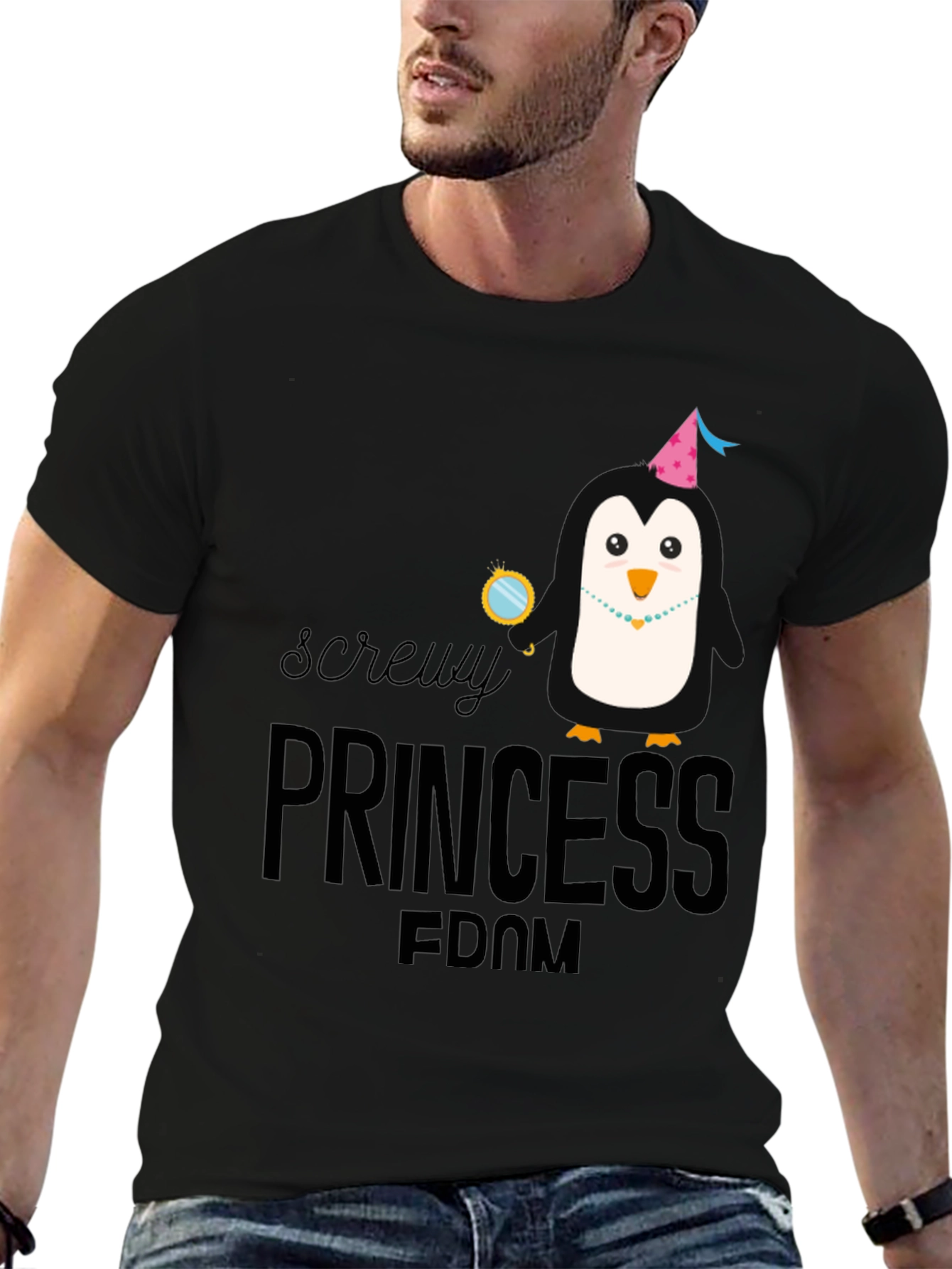 Screw Princessdom Penguin Graphic Tee - Unisex Black T-Shirt