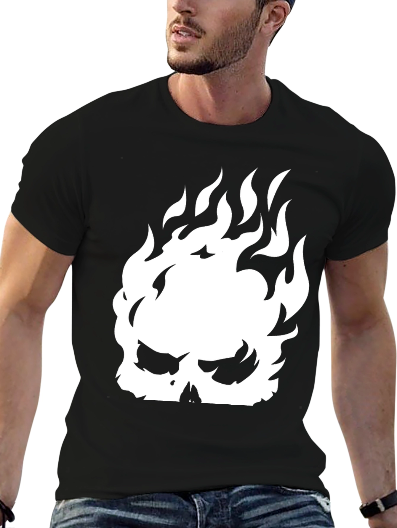 Fiery Skull Graphic Tee - Black Cotton Shirt