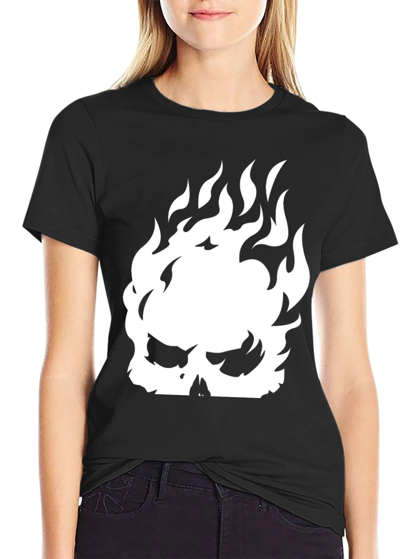 Fiery Skull Graphic Tee - Black Cotton Shirt