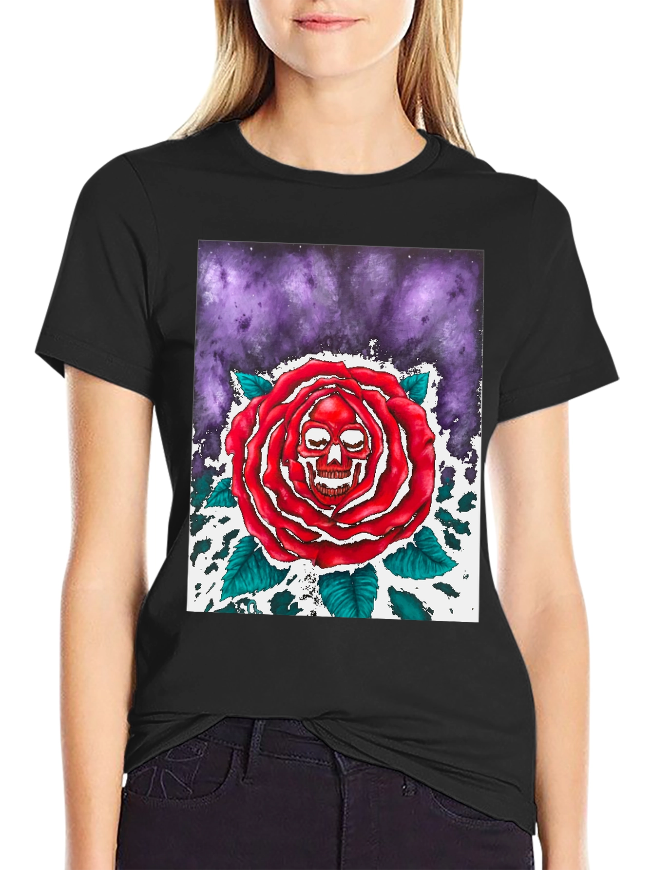Skull Rose Graphic Tee - Black