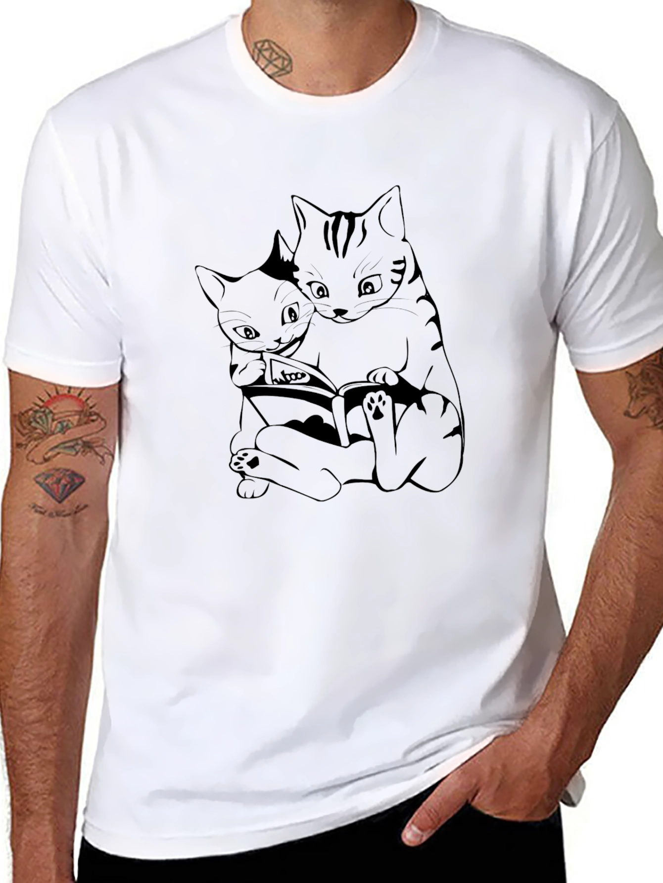 Cats Reading Book T-Shirt - Black