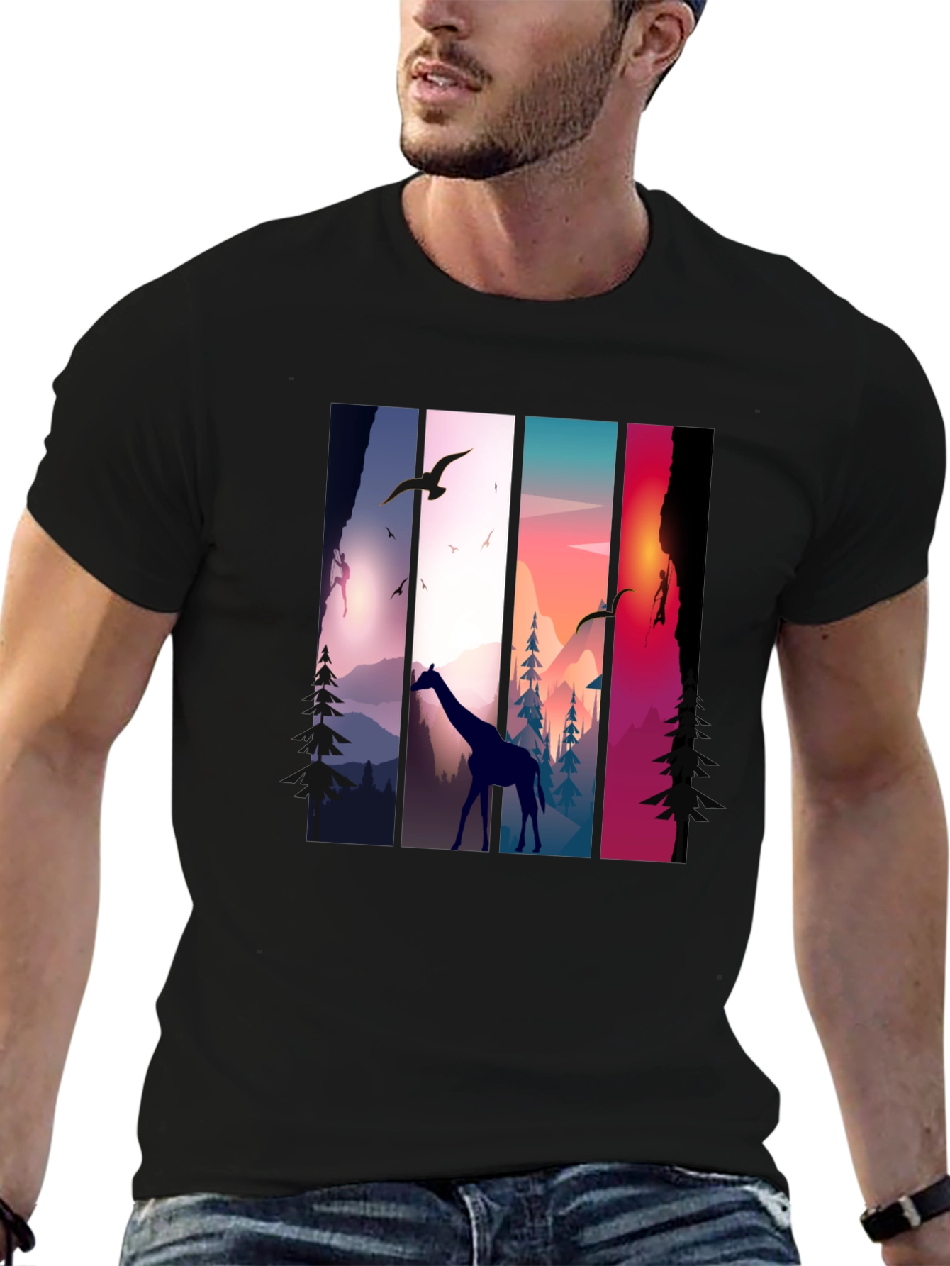 Giraffe Sunset Nature Graphic Tee - Unisex Black T-Shirt