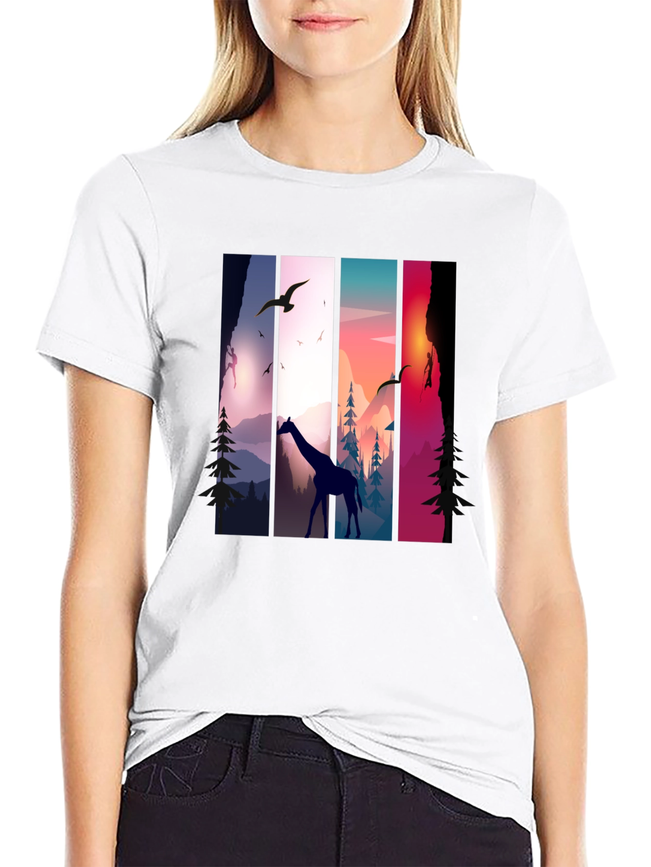 Giraffe Sunset Nature Graphic Tee - Unisex Black T-Shirt