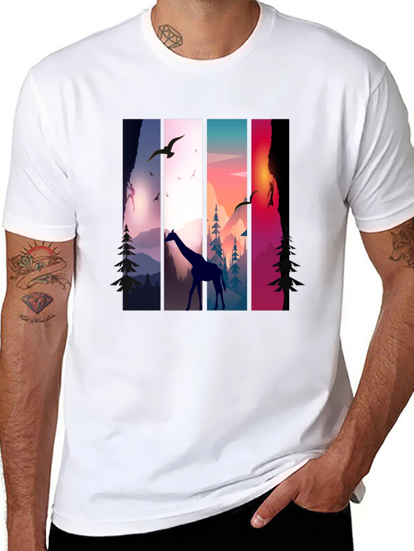 Giraffe Sunset Nature Graphic Tee - Unisex Black T-Shirt