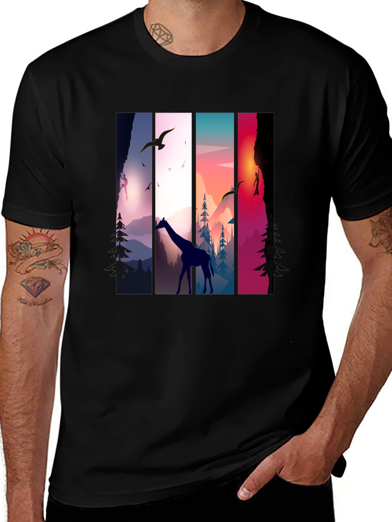 Giraffe Sunset Nature Graphic Tee - Unisex Black T-Shirt