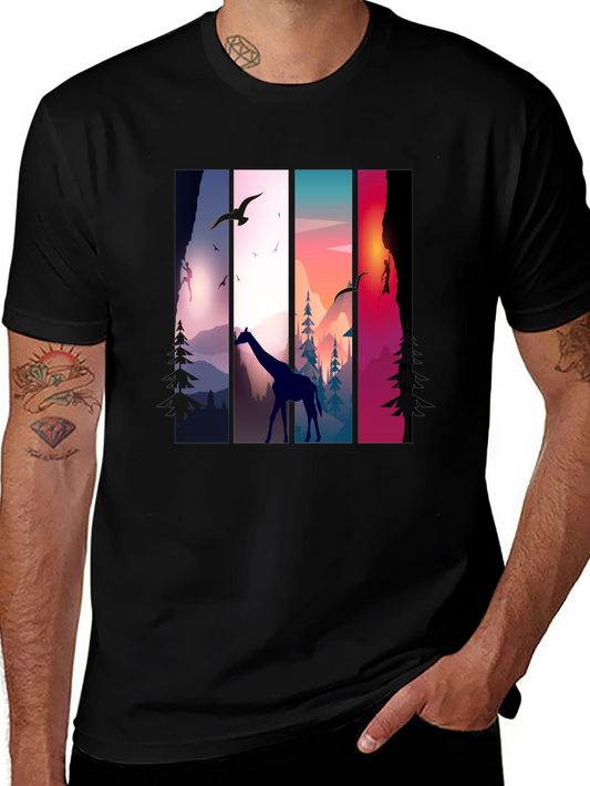 Giraffe Sunset Nature Graphic Tee - Unisex Black T-Shirt