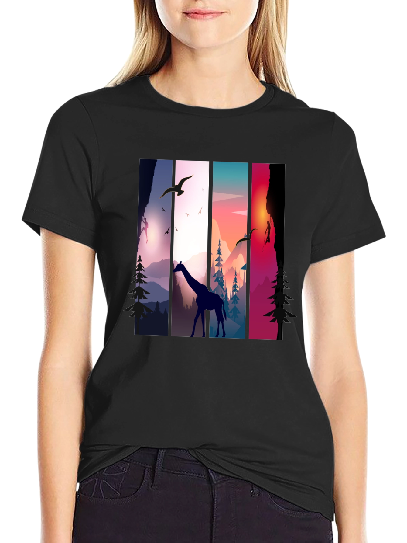 Giraffe Sunset Nature Graphic Tee - Unisex Black T-Shirt