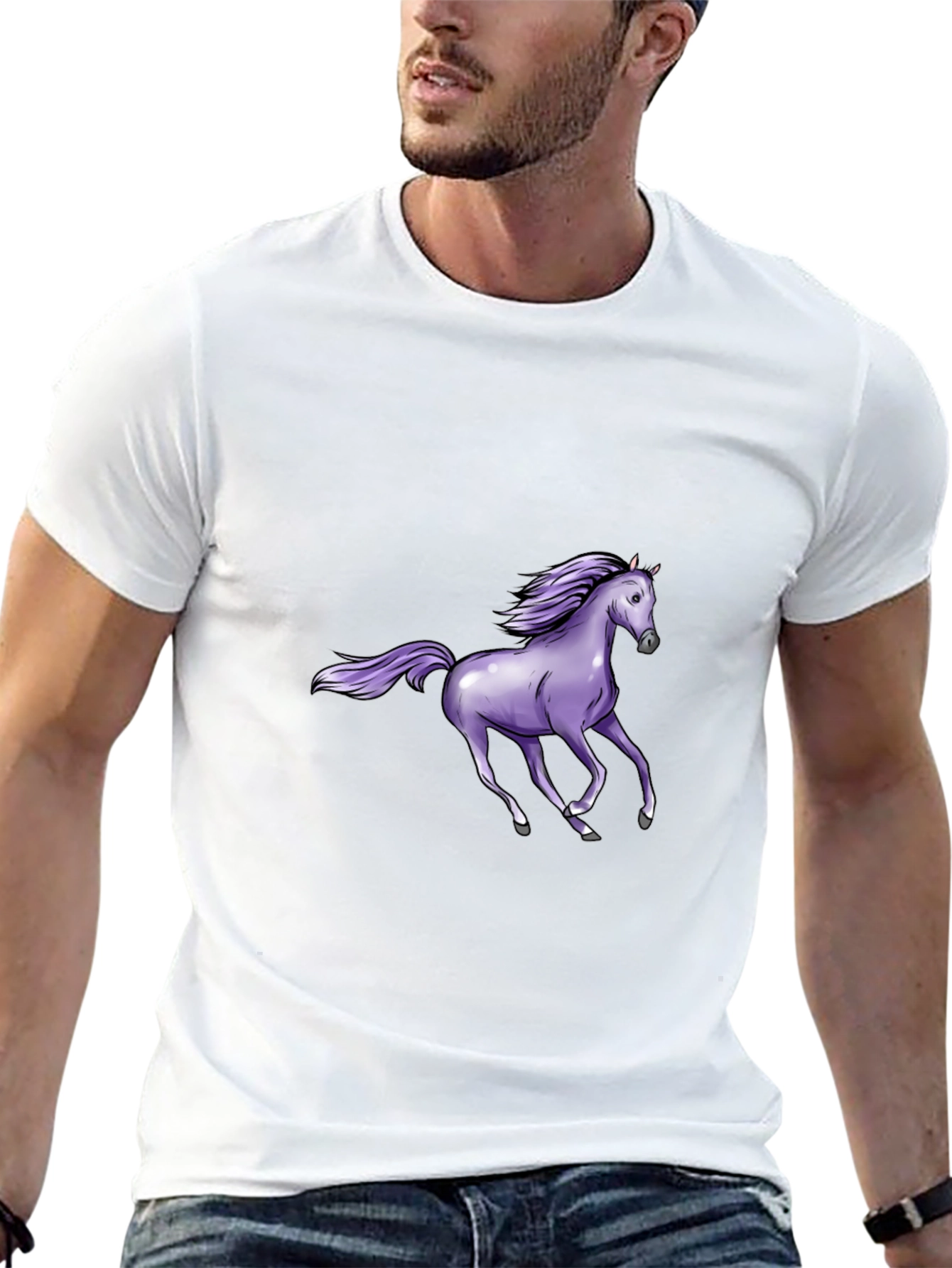 Black T-Shirt with Purple Horse Graphic