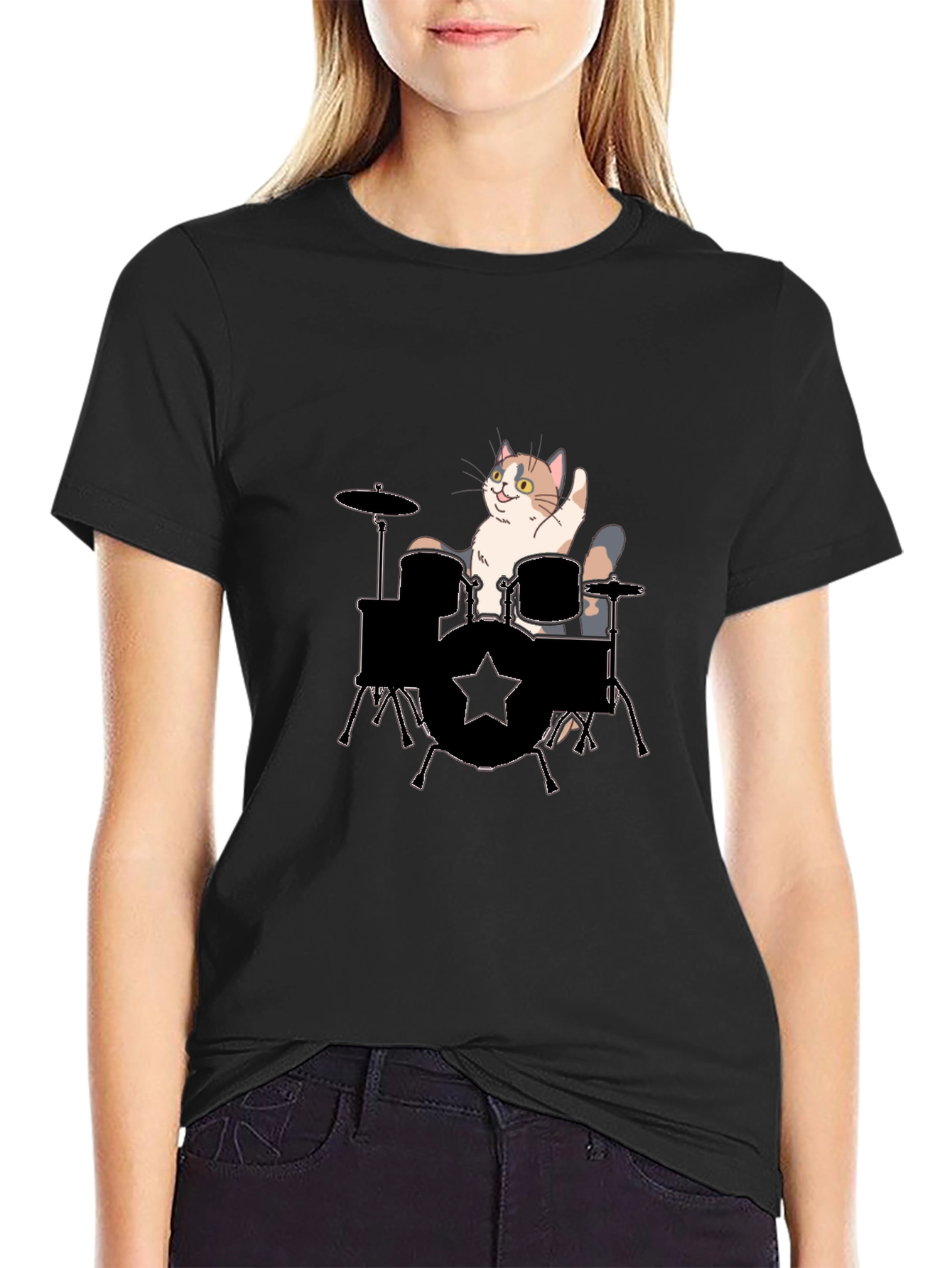 Cat Drummer Graphic Tee - Black Cotton T-Shirt