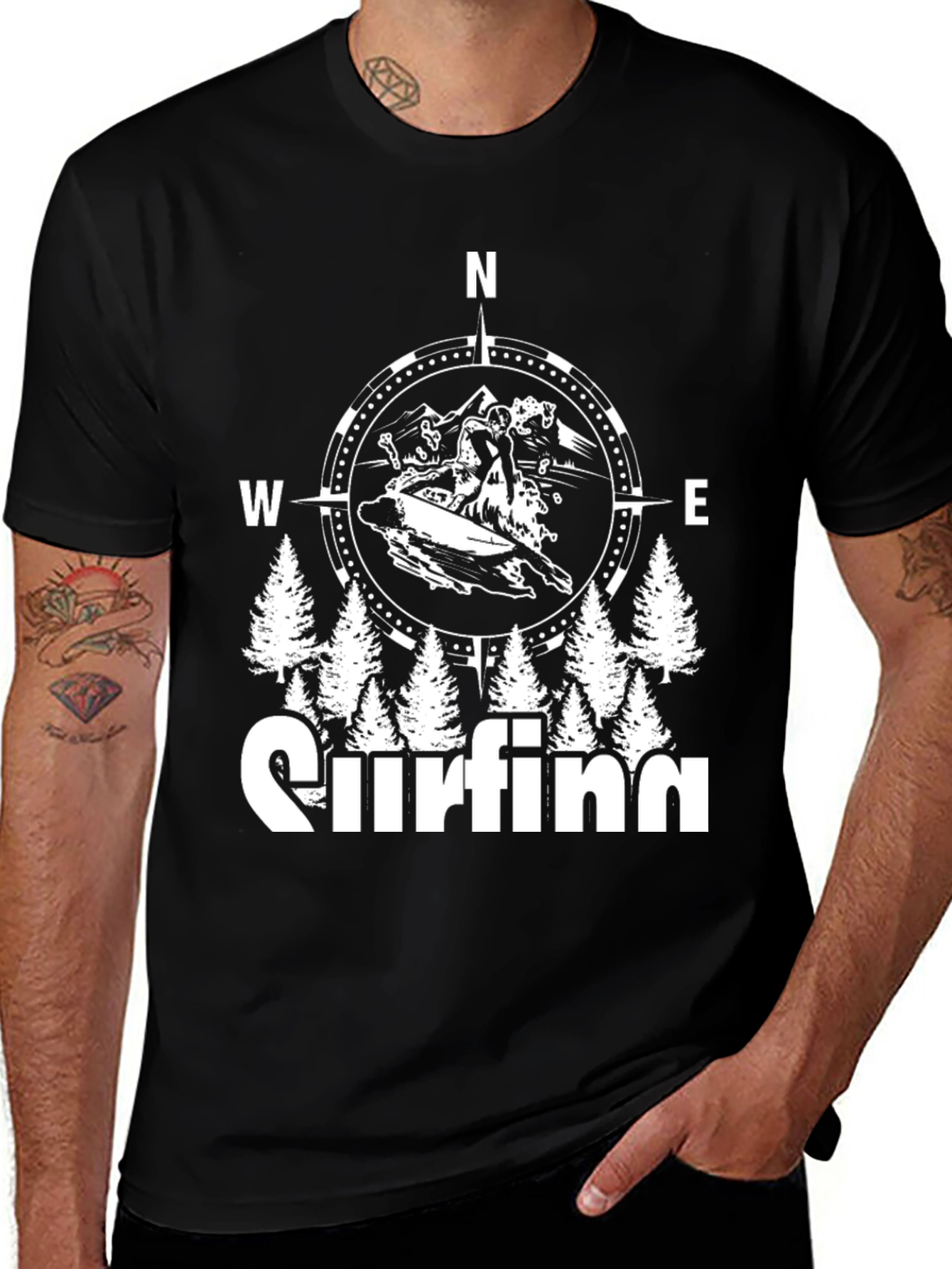 Surfing Compass Graphic Black T-Shirt