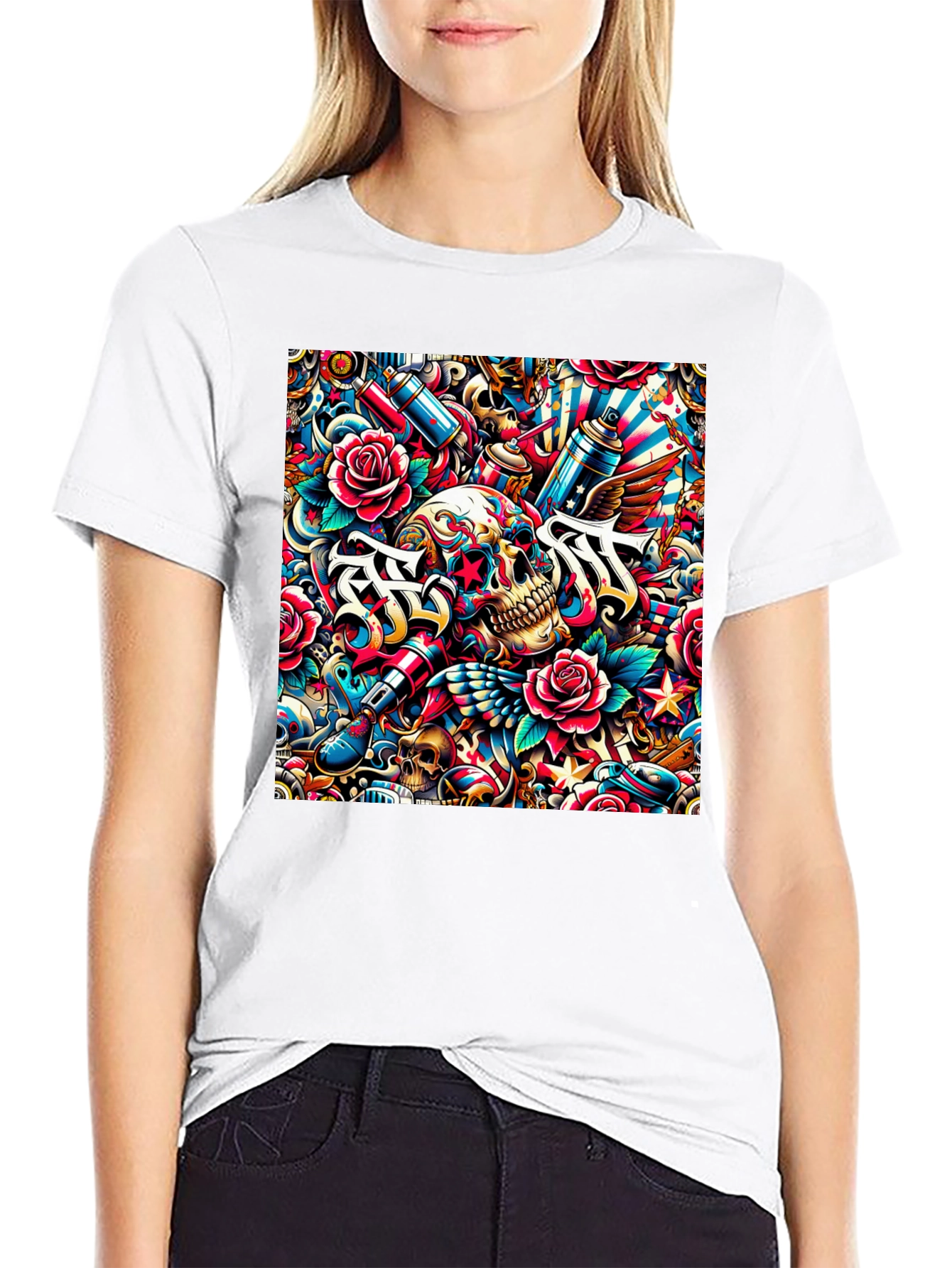 Skull & Roses Tattoo Art Graphic Tee