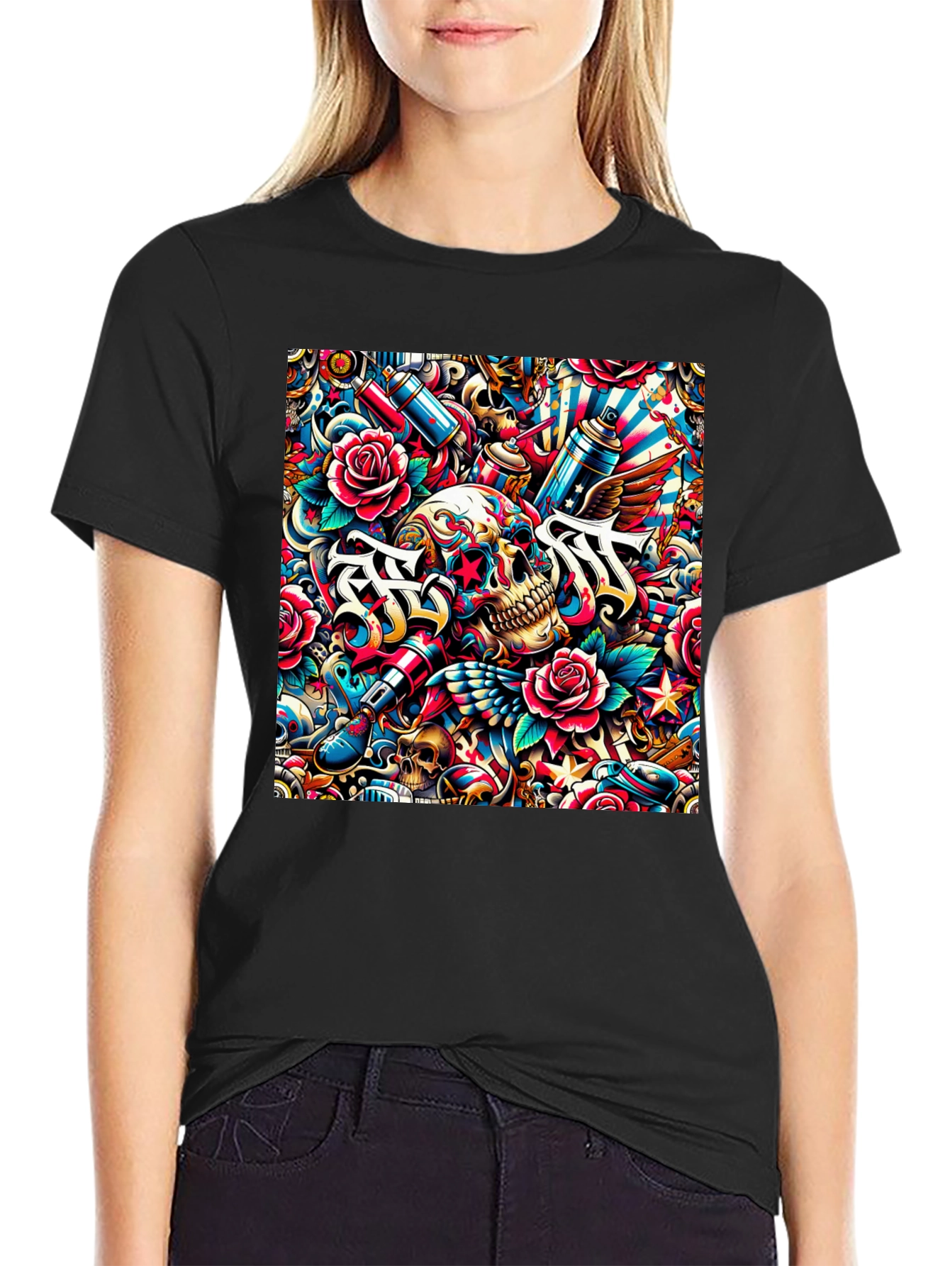 Skull & Roses Tattoo Art Graphic Tee