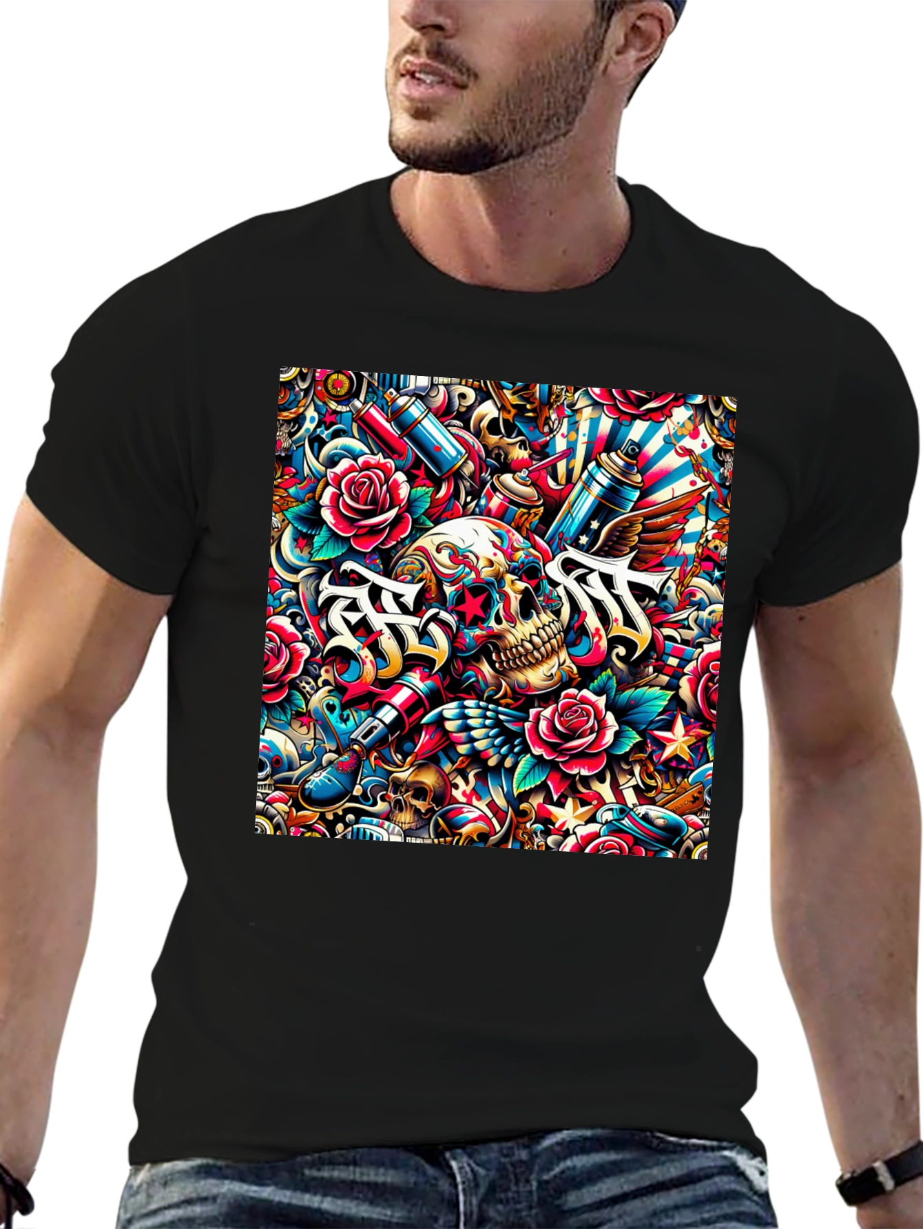 Skull & Roses Tattoo Art Graphic Tee